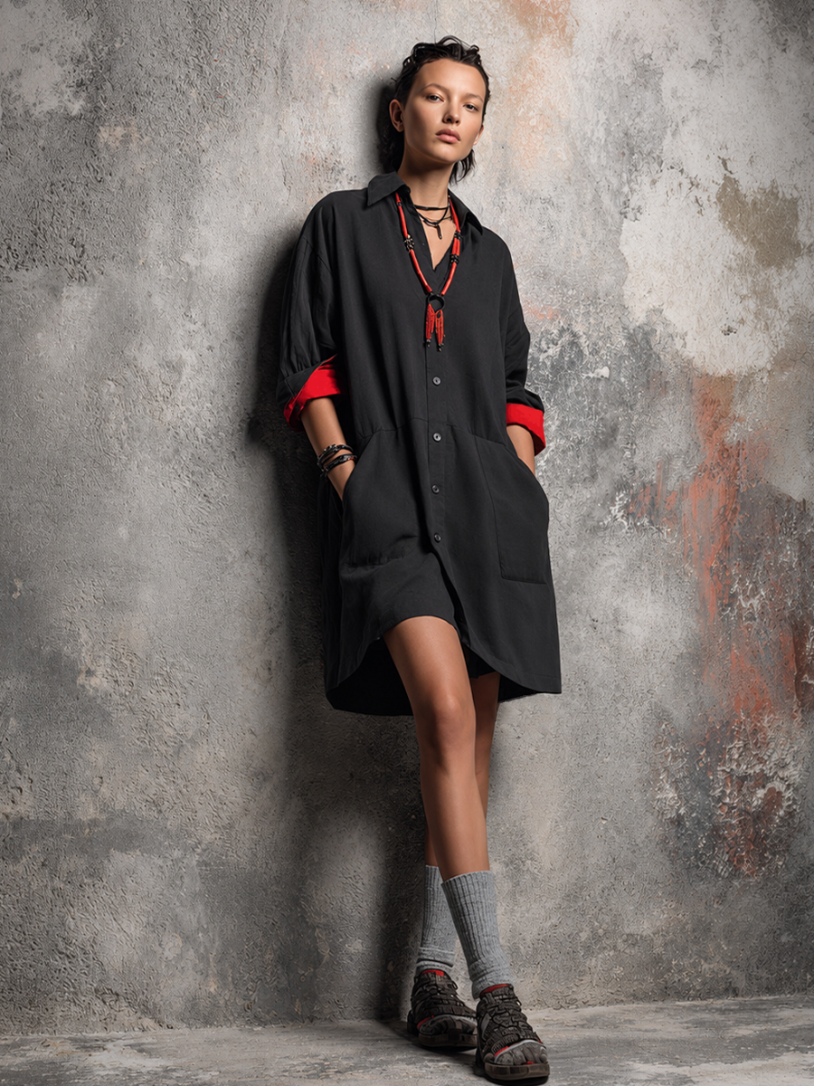 Women's Casual Black Cotton Blend Color-Block Cuff Collared Button-Front Shirt Mini Dress MDZ2537E5GMJ