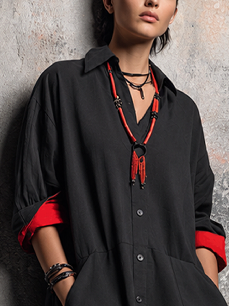 Women's Casual Black Cotton Blend Color-Block Cuff Collared Button-Front Shirt Mini Dress MDZ2537E5GMJ