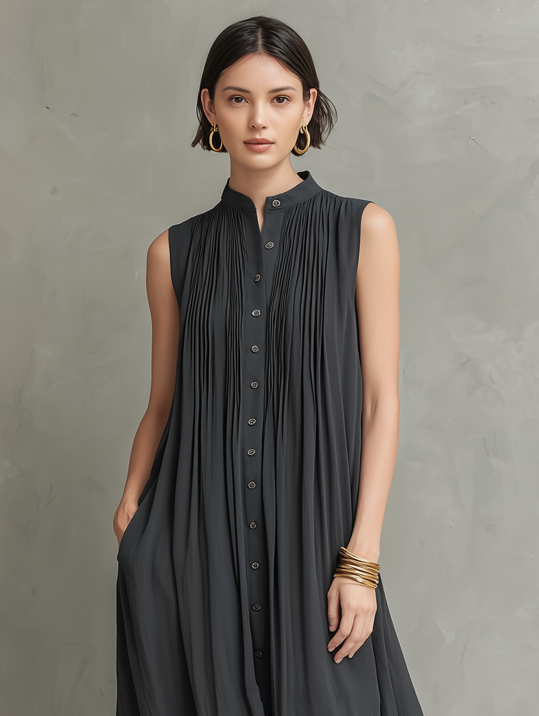 Women's Minimalist Loose Chiffon Single-Breasted Sleeveless Maxi Dress MDZ2596E4Y