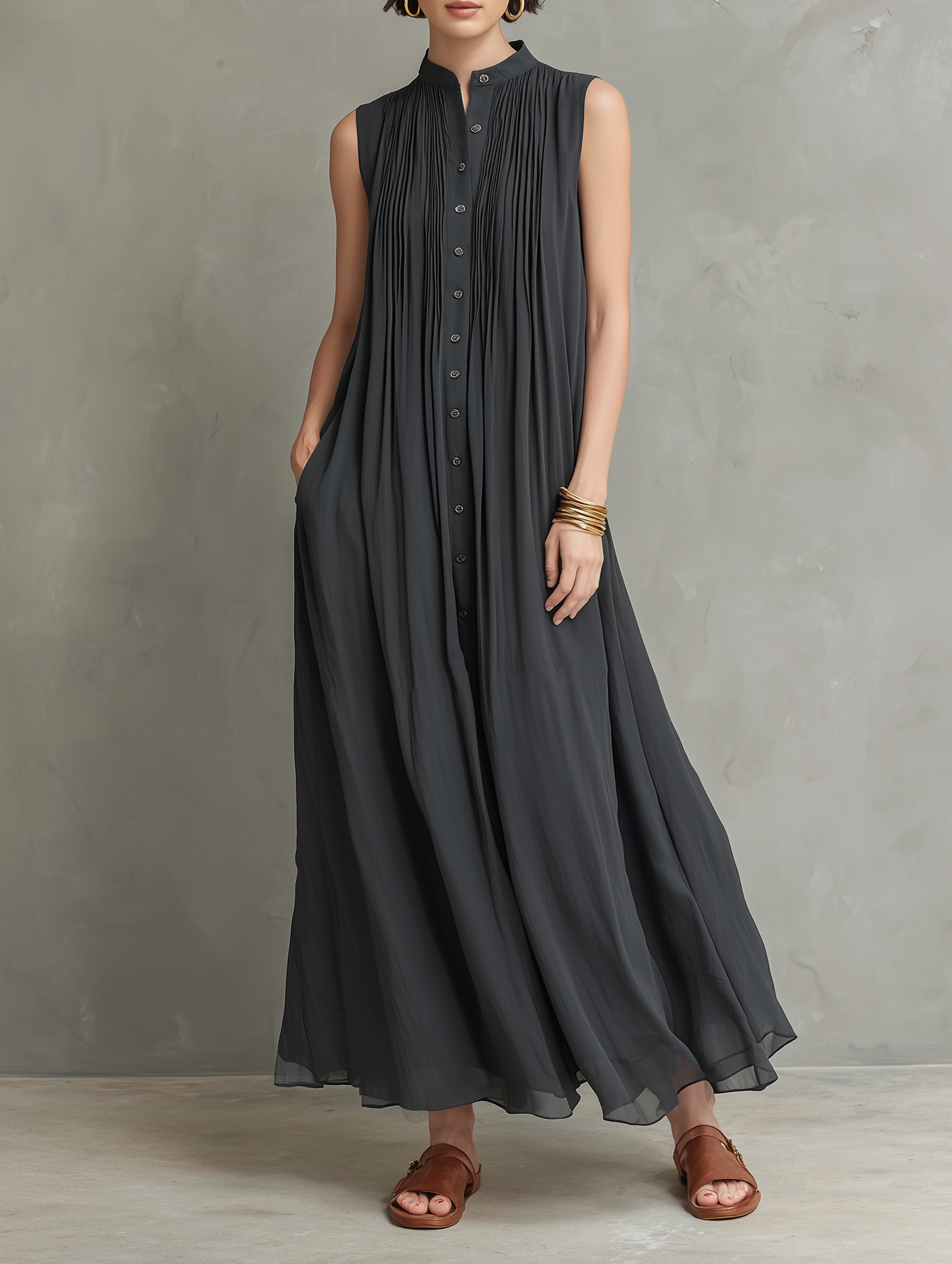 Women's Minimalist Loose Chiffon Single-Breasted Sleeveless Maxi Dress MDZ2596E4Y