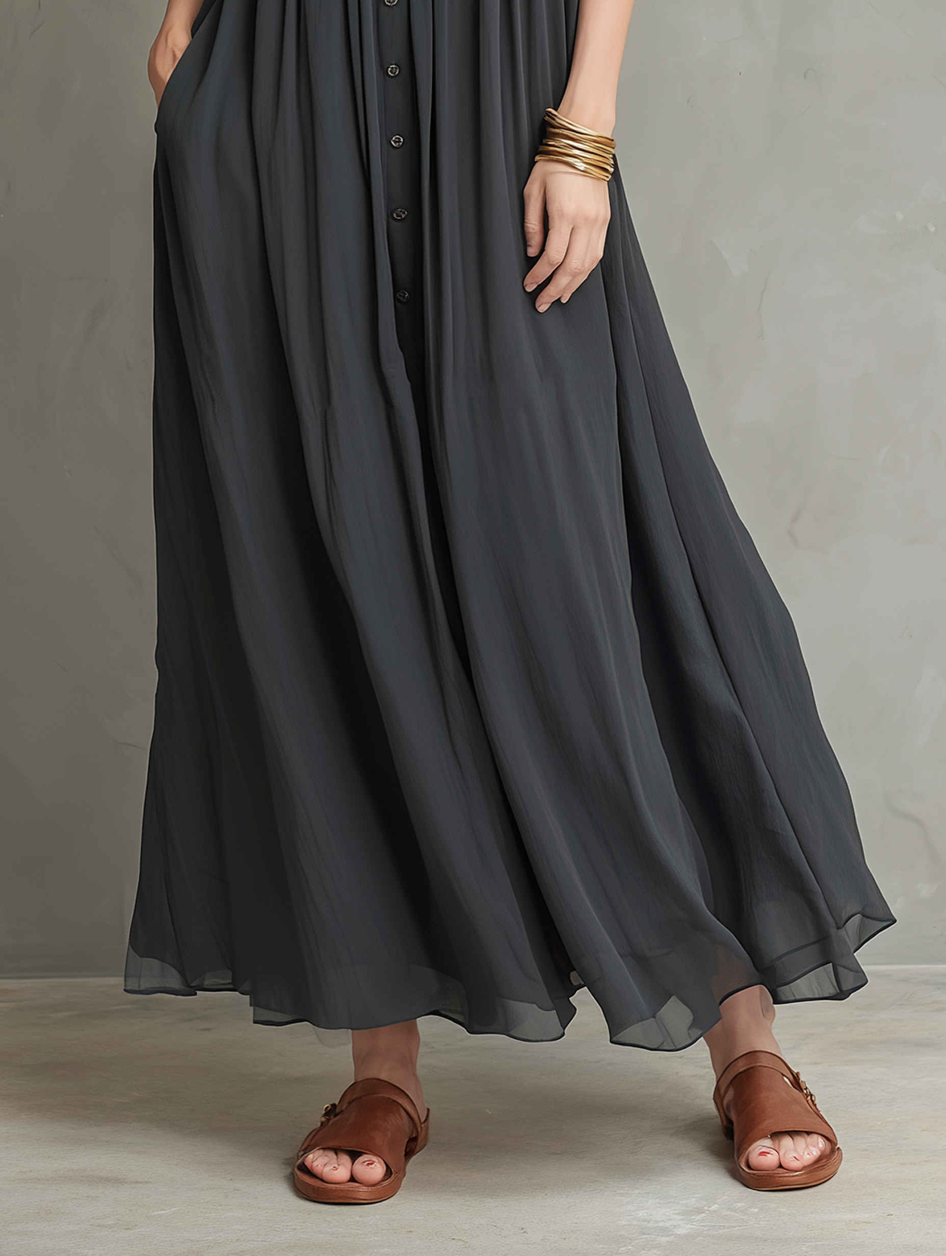 Women's Minimalist Loose Chiffon Single-Breasted Sleeveless Maxi Dress MDZ2596E4Y