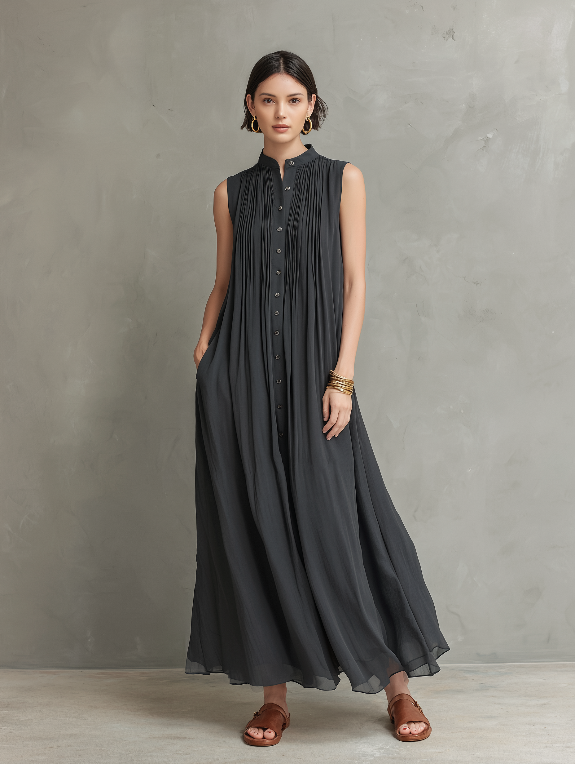 Women's Minimalist Loose Chiffon Single-Breasted Sleeveless Maxi Dress MDZ2596E4Y