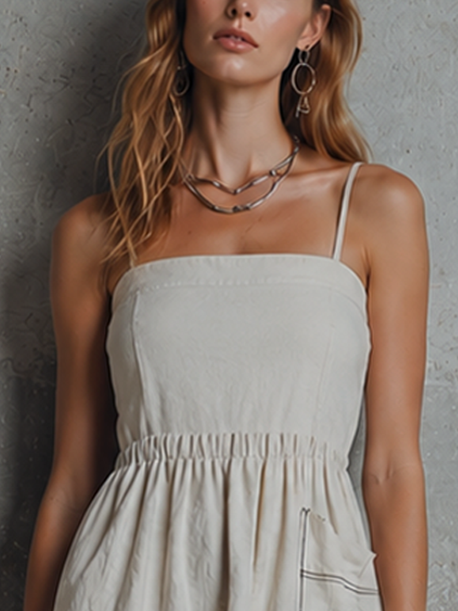 Women's Minimalist Off-White Cotton Elastic Waist-Tailored Square Neck Cami Mini Dress MDZ2541E9GMJ