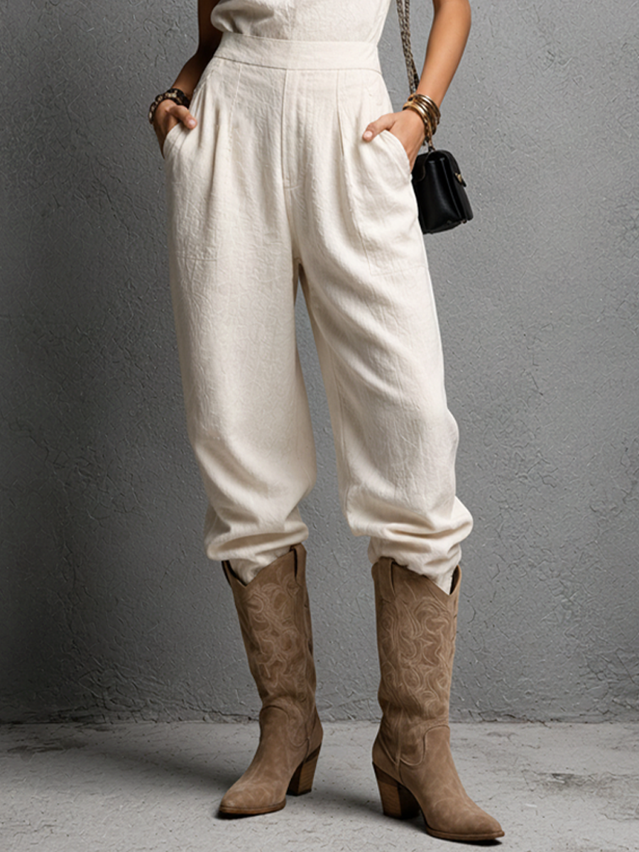 Women's Retro Style Off-White Cotton Linen Sleeveless High-Waisted Pleated Long Jumpsuit MDZ2521E7GMJ