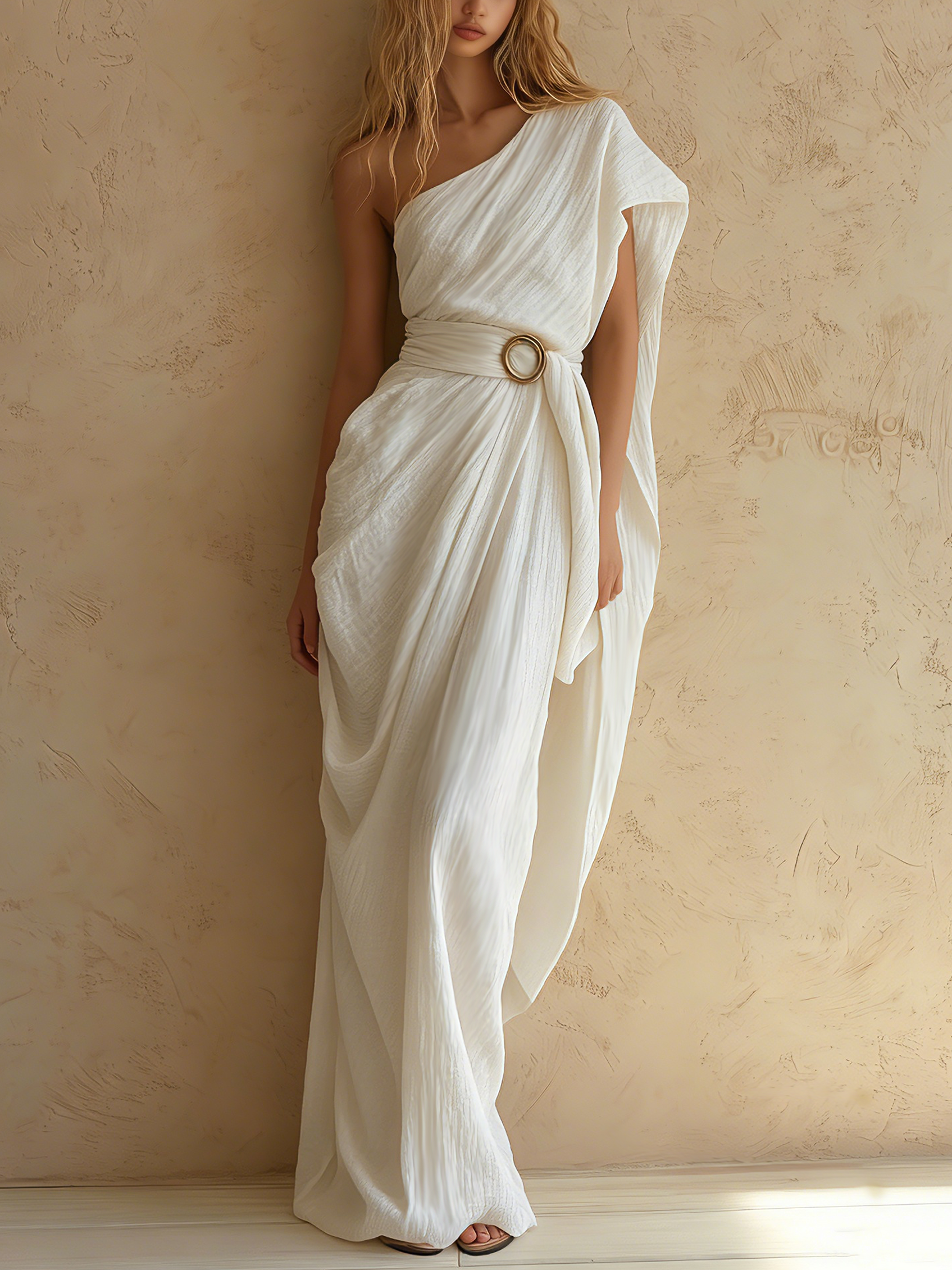 Women's Elegant White Cotton-Linen One-Shoulder Sleeveless Maxi Dress With Belt MDZ2524E8LXY