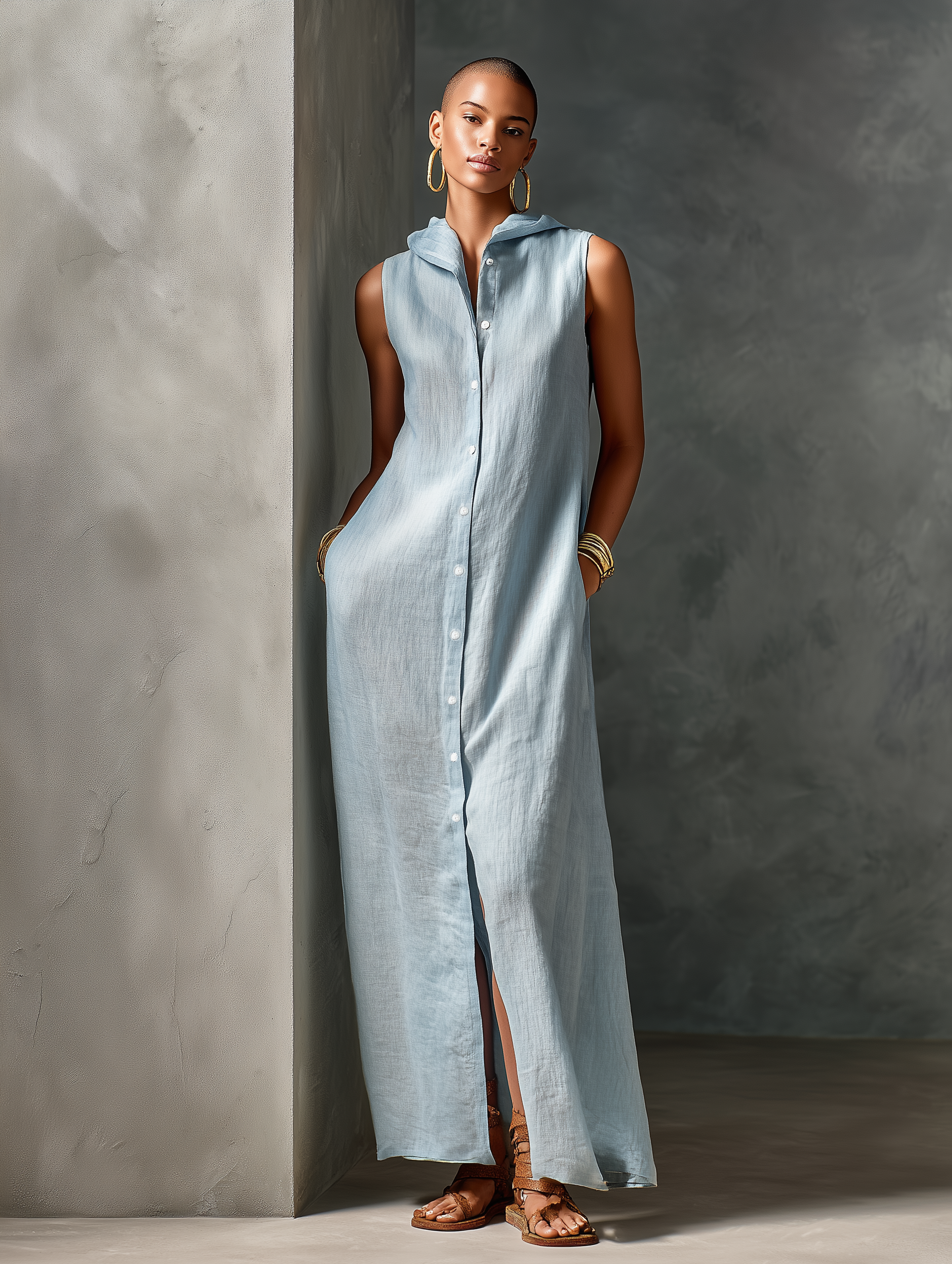 Women's Minimalist Linen-Blend Hooded Sleeveless Single-Breasted Maxi Dress MDZ2512E3Y