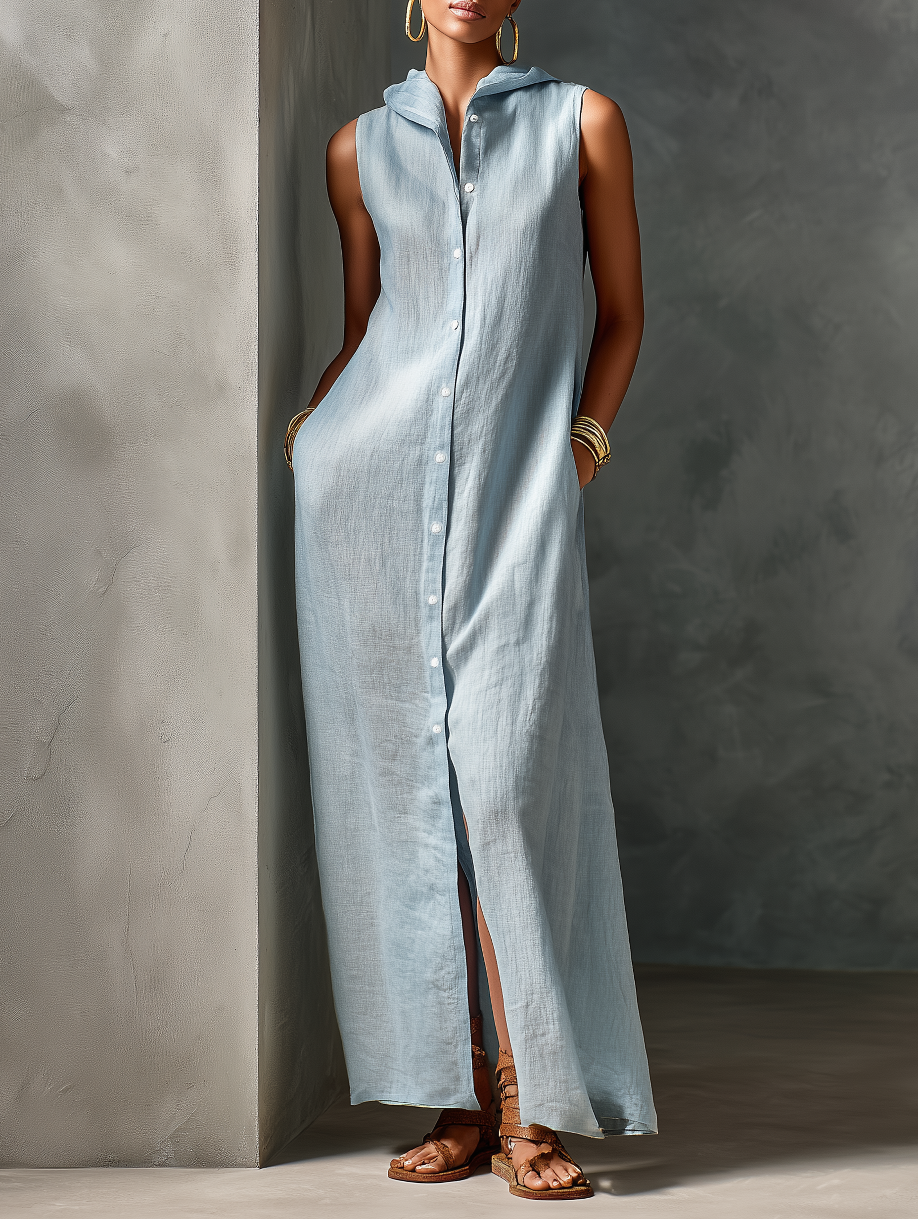 Women's Minimalist Linen-Blend Hooded Sleeveless Single-Breasted Maxi Dress MDZ2512E3Y