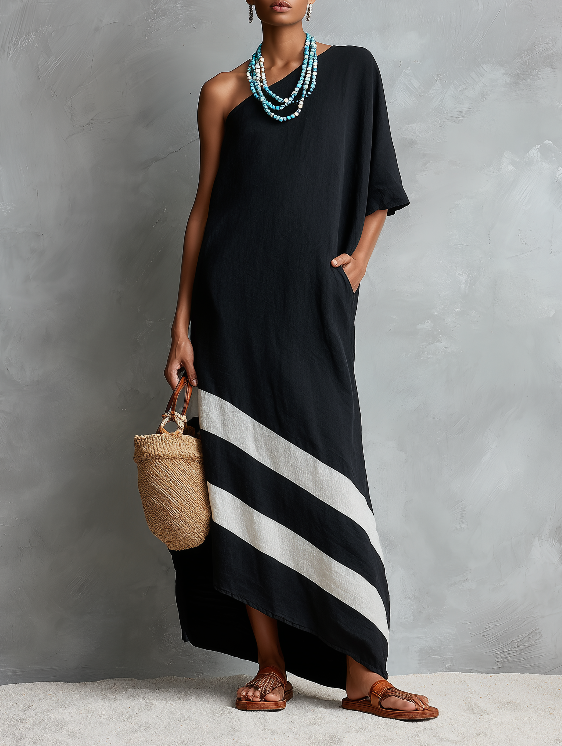 Women's Minimalist Color-Block Linen-Blend One-Shoulder Maxi Dress MDZ2520E0Y