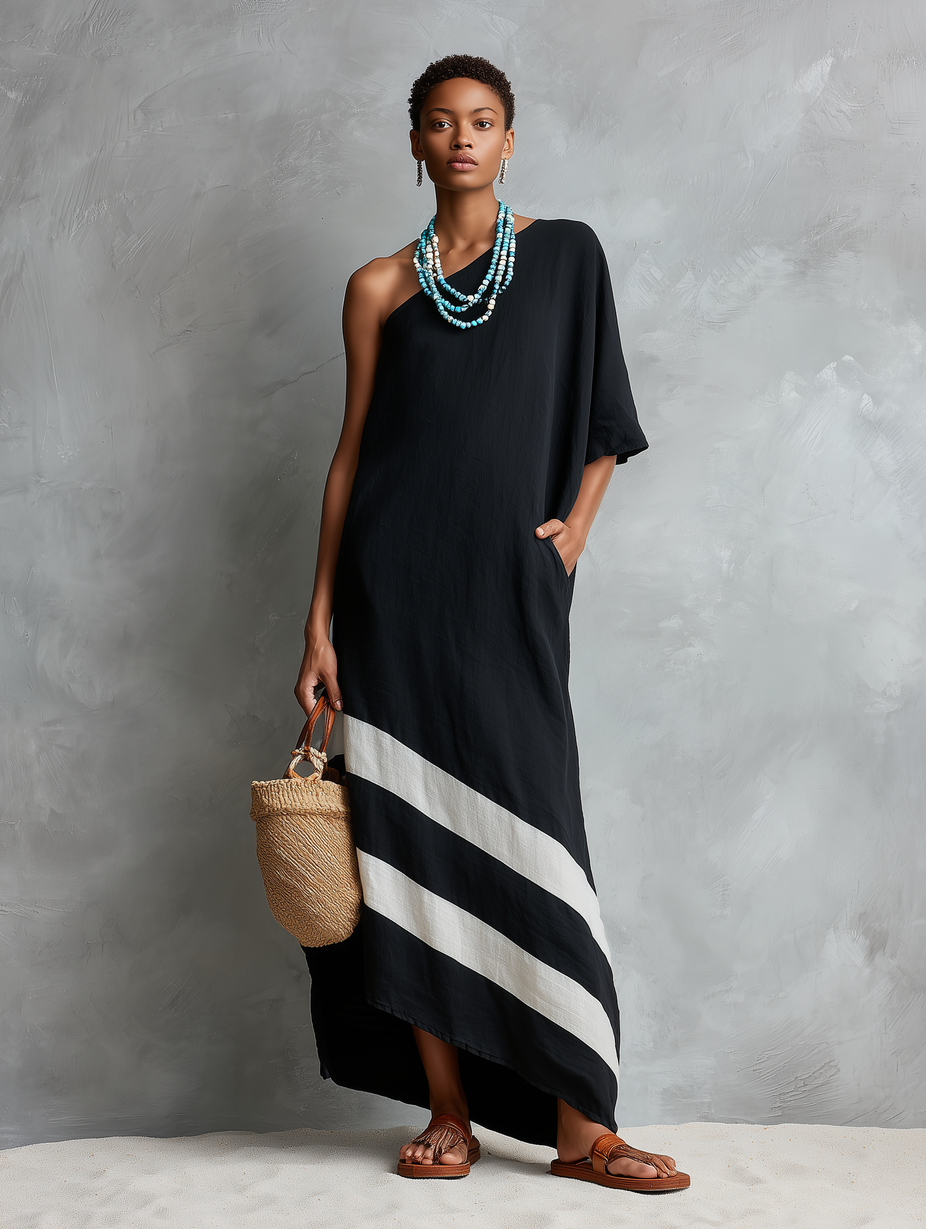 Women's Minimalist Color-Block Linen-Blend One-Shoulder Maxi Dress MDZ2520E0Y