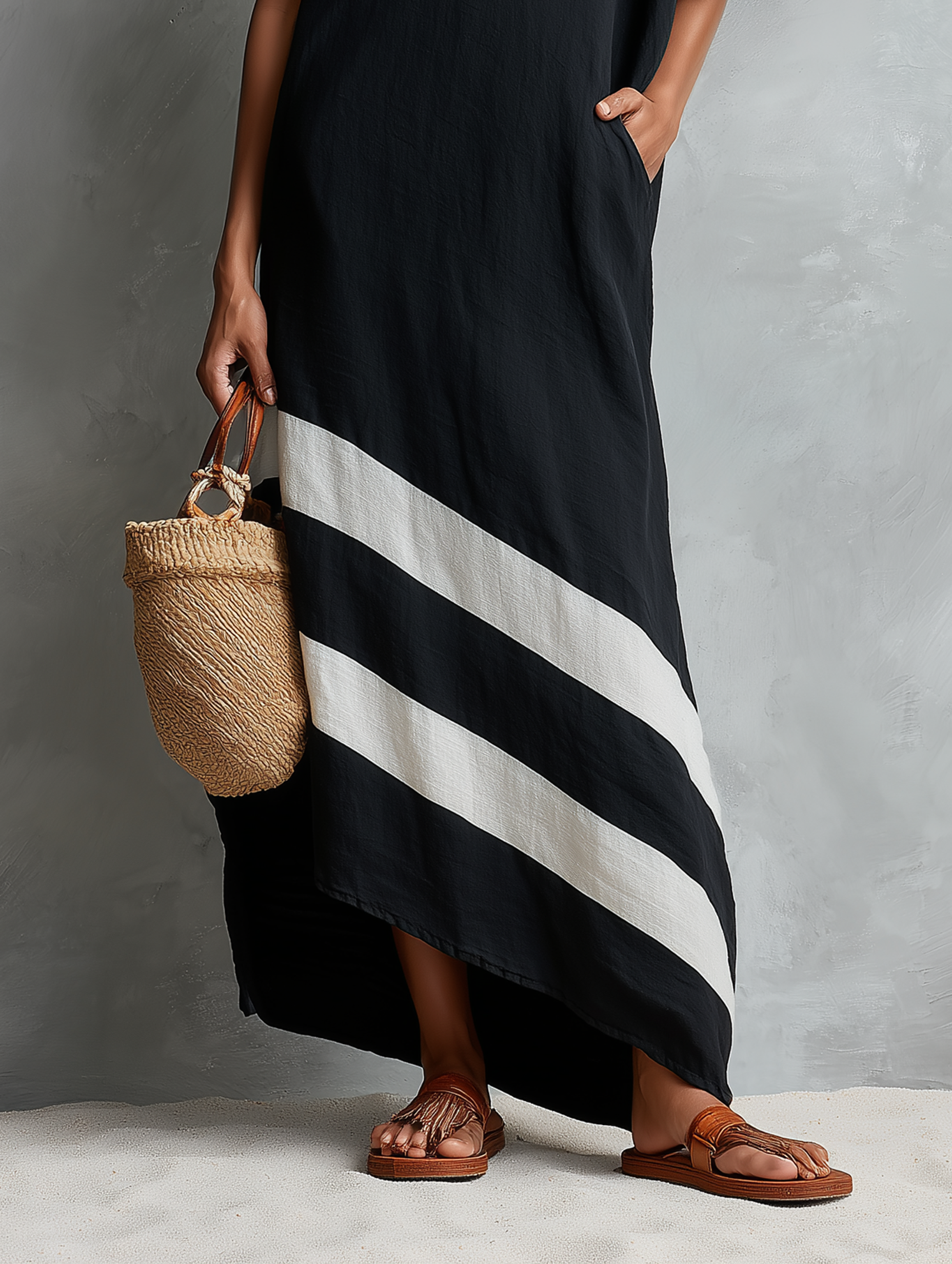 Women's Minimalist Color-Block Linen-Blend One-Shoulder Maxi Dress MDZ2520E0Y