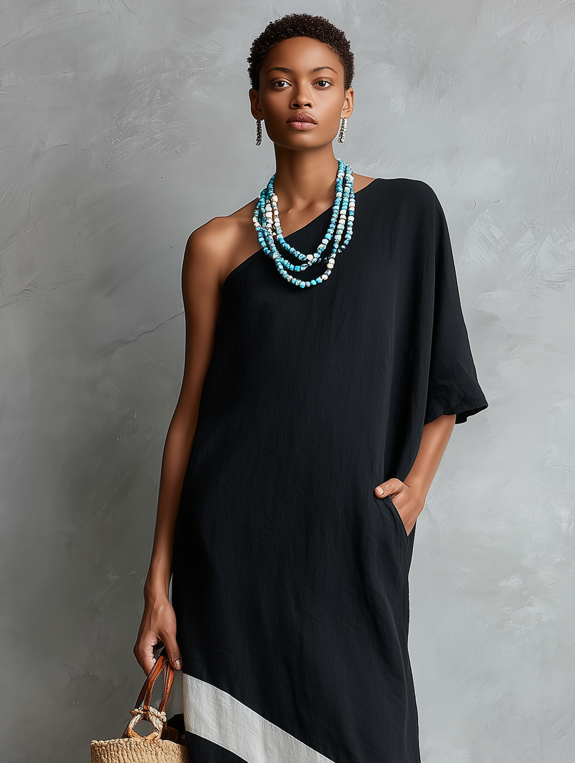 Women's Minimalist Color-Block Linen-Blend One-Shoulder Maxi Dress MDZ2520E0Y