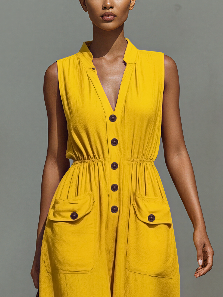 Women’s Yellow Sleeveless Cotton-Linen Blend Jumpsuit With Button Front, Elastic Waist & Flap Pockets MDZ2593E1T