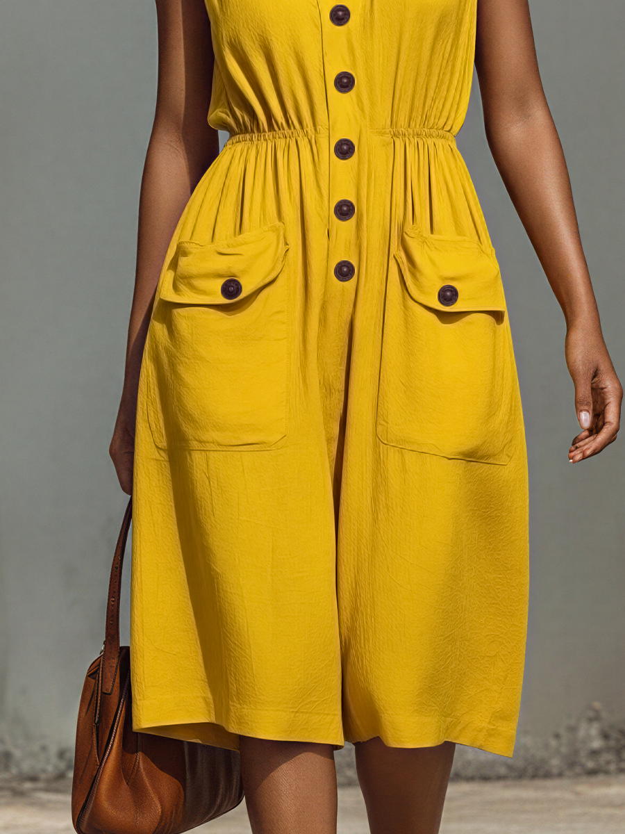 Women’s Yellow Sleeveless Cotton-Linen Blend Jumpsuit With Button Front, Elastic Waist & Flap Pockets MDZ2593E1T