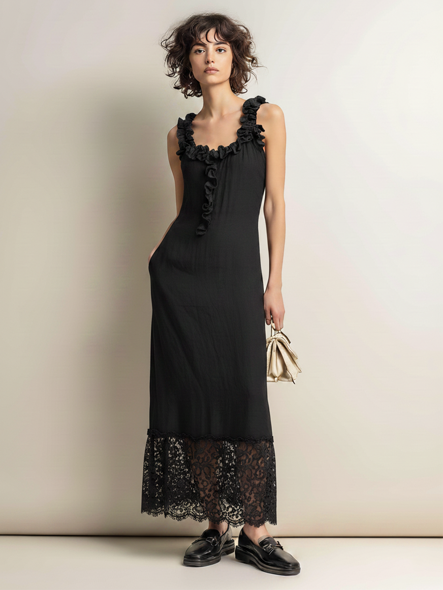 Women’s Black Cotton-Linen Blend Ruffled-Trim Sleeveless Maxi Dress With Lace Hem & Side Pockets MDZ2532E9T
