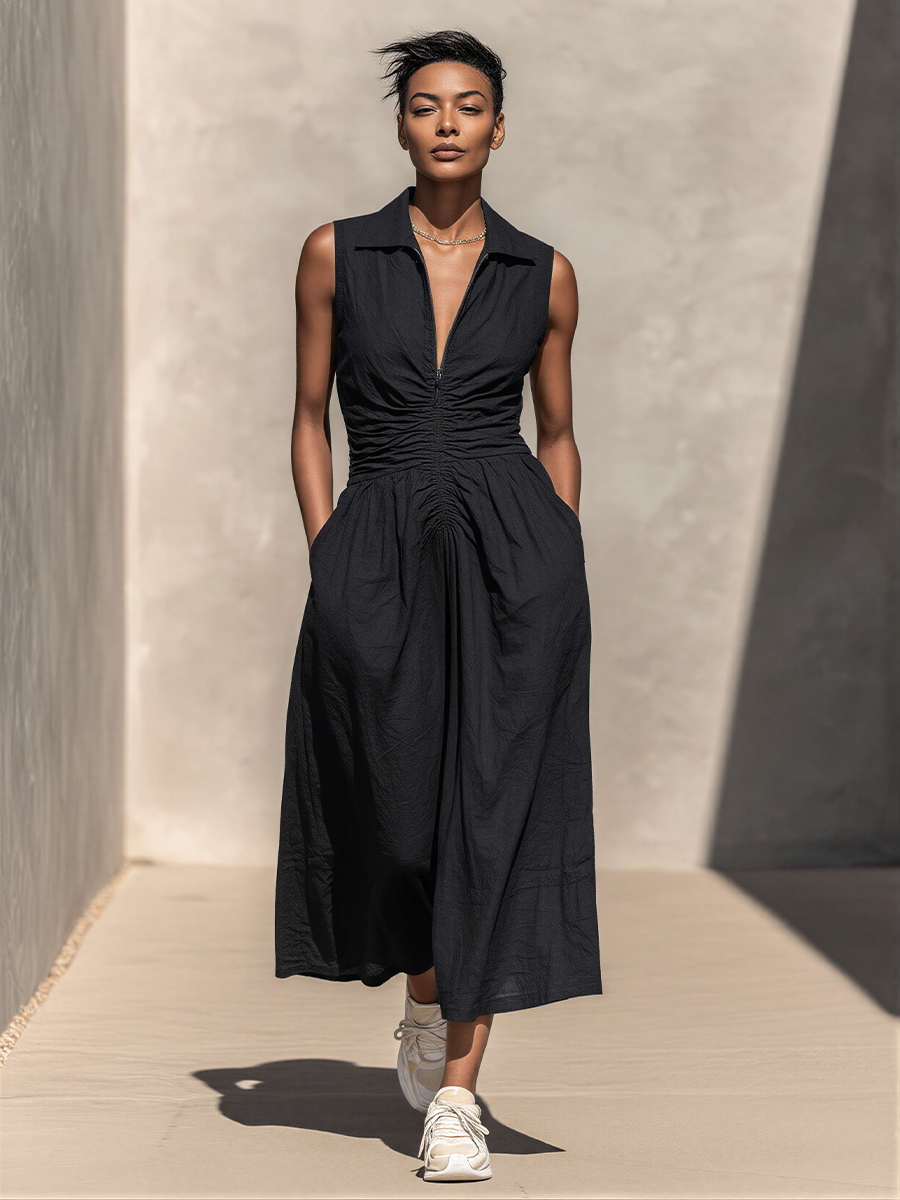 Women’s Black Sleeveless Shirt Dress With Half-Zip Front, Ruched Waist & Pockets MDZ2579E5T