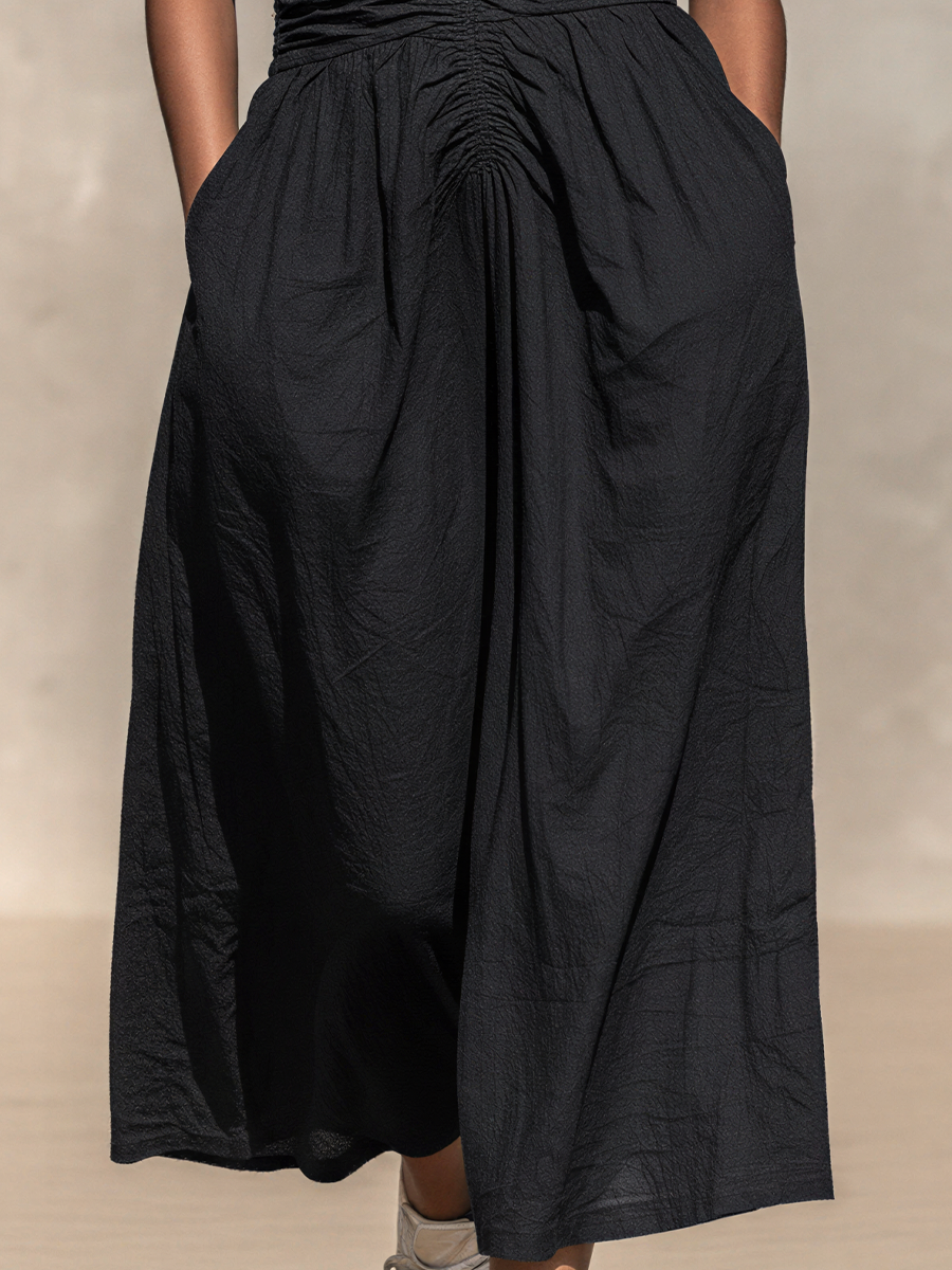Women’s Black Sleeveless Shirt Dress With Half-Zip Front, Ruched Waist & Pockets MDZ2579E5T