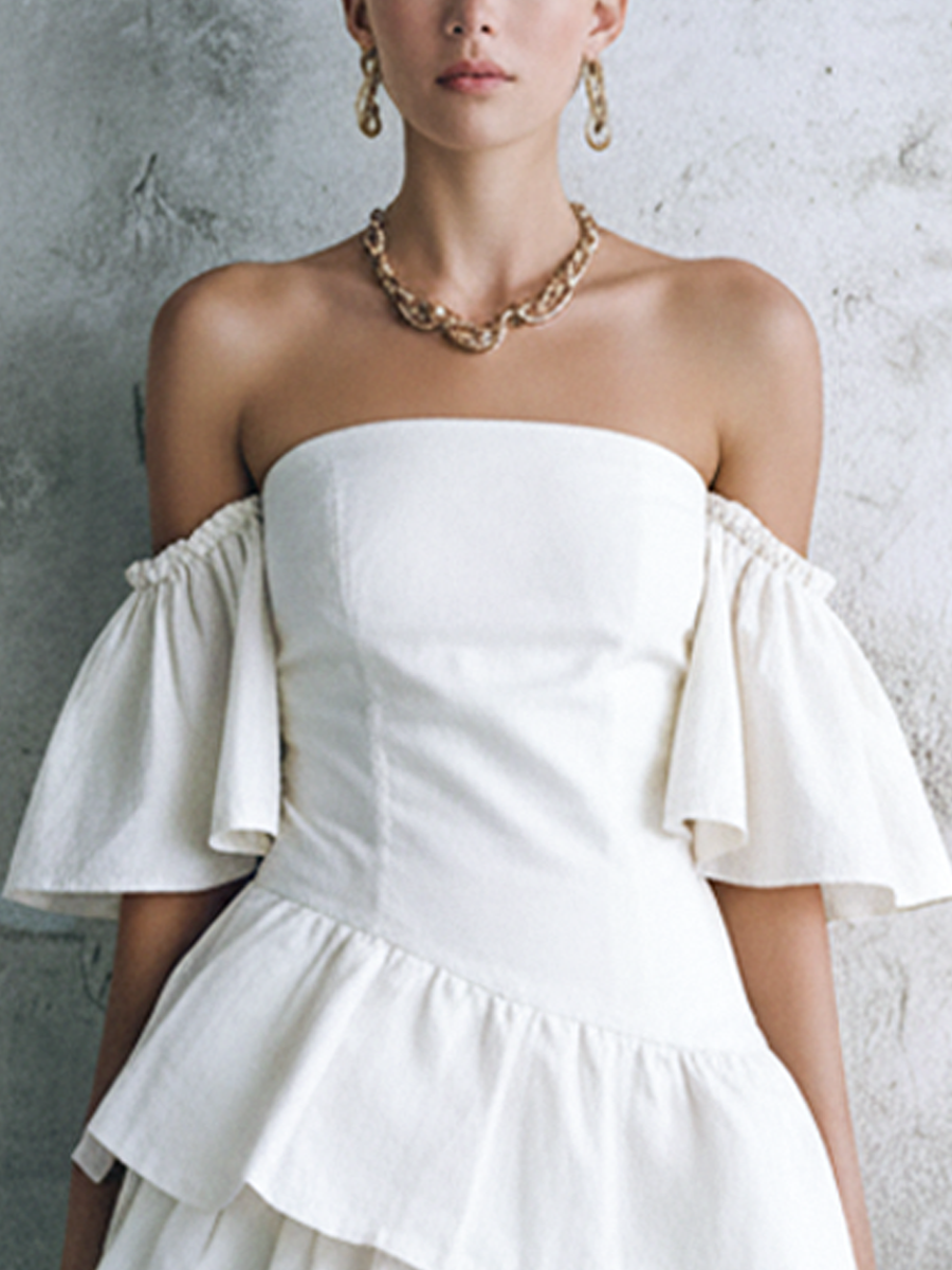 Women's Elegant White Cotton Blend Off-Shoulder Flounce Sleeve Asymmetric Ruffle Mini Dress MDZ2596E2GMJ