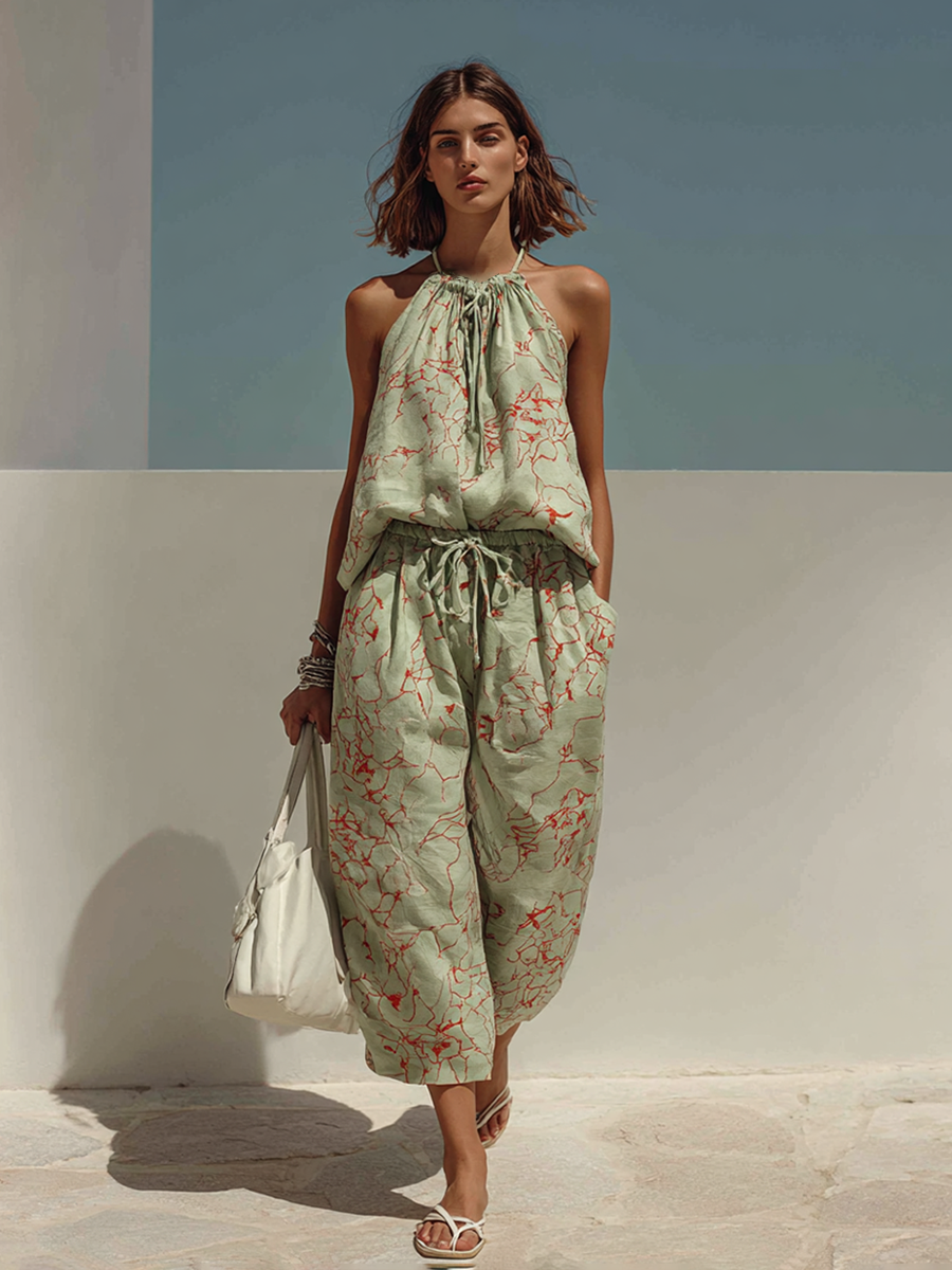 Women’s Minimalist Printed Halter Top And Wide-leg Pants Set MDZ2605E1ZRK