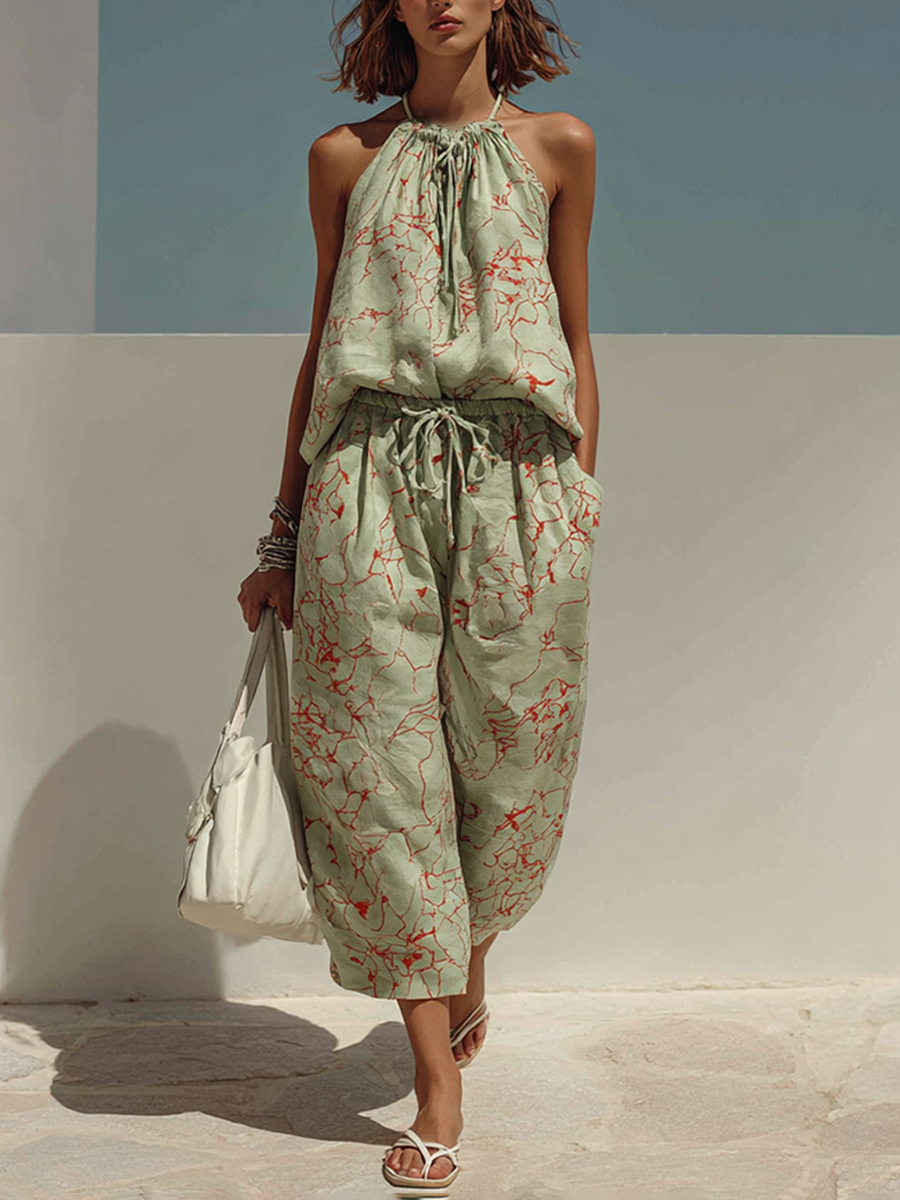 Women’s Minimalist Printed Halter Top And Wide-leg Pants Set MDZ2605E1ZRK