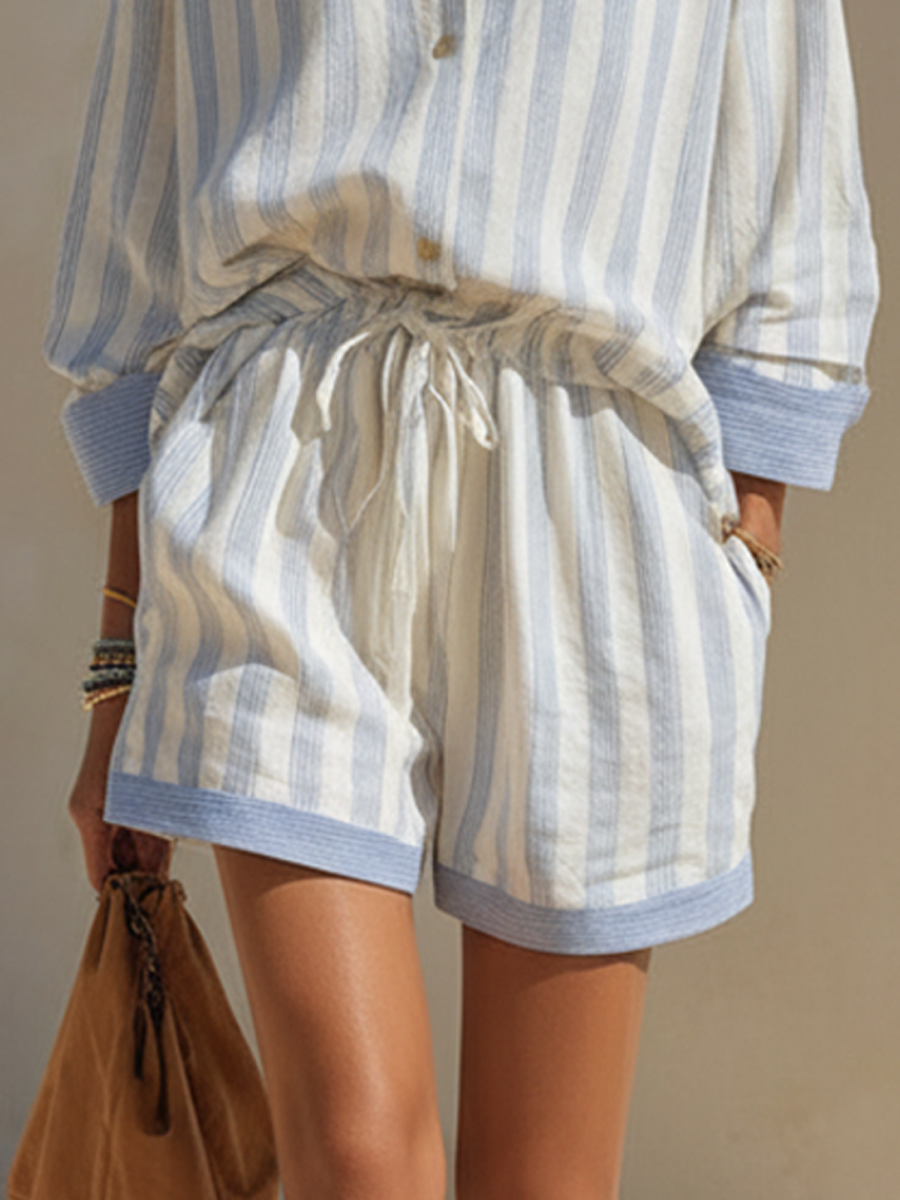 Women’s Minimalist Striped Button-Up Shirt And Drawstring Shorts Set MDZ2603E1ZRK