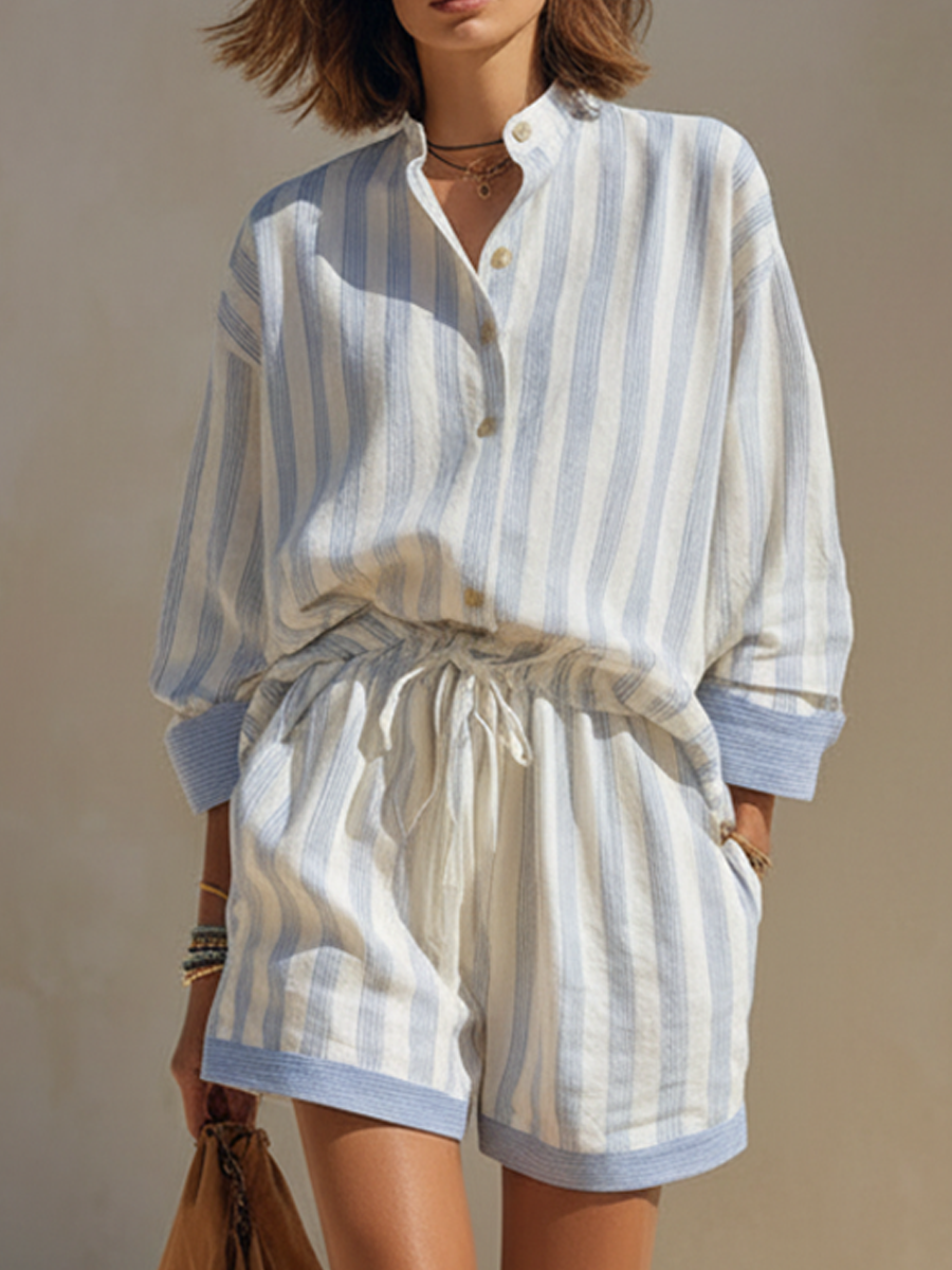 Women’s Minimalist Striped Button-Up Shirt And Drawstring Shorts Set MDZ2603E1ZRK