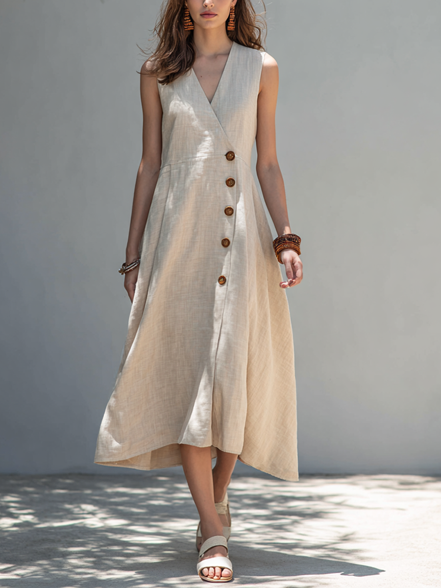 Women’s Minimalist Linen-Blend Sleeveless Wrap Maxi Dress MDZ2605E8ZRK