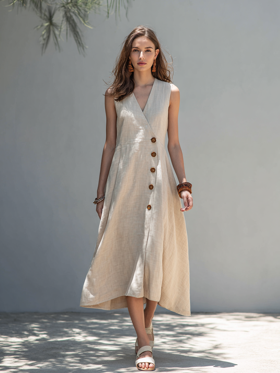 Women’s Minimalist Linen-Blend Sleeveless Wrap Maxi Dress MDZ2605E8ZRK