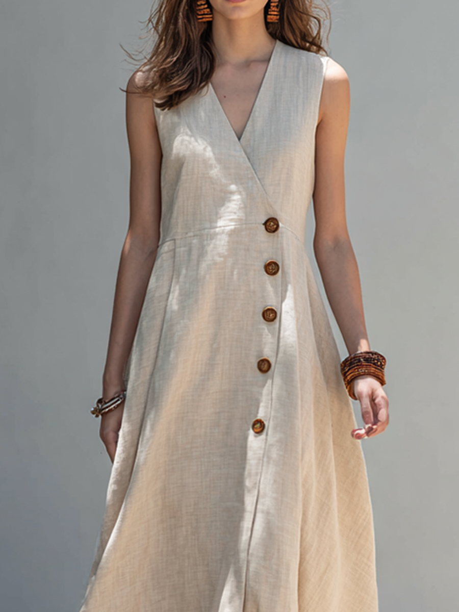 Women’s Minimalist Linen-Blend Sleeveless Wrap Maxi Dress MDZ2605E8ZRK
