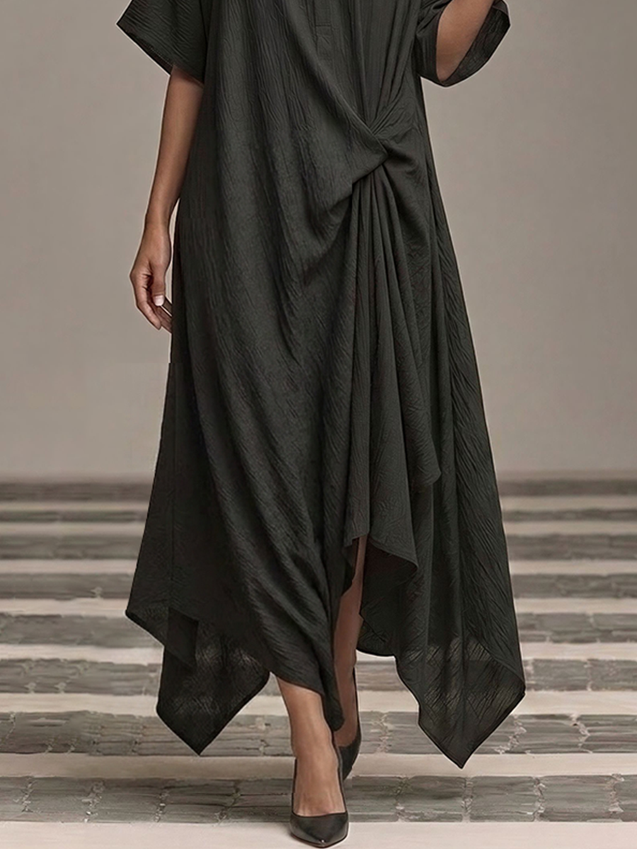 Women's Black Crinkle Cotton-Blend Maxi Dress With Stand Collar & Waist Twist, Timeless Minimalist Casual Dress MDZ2666E4LYL