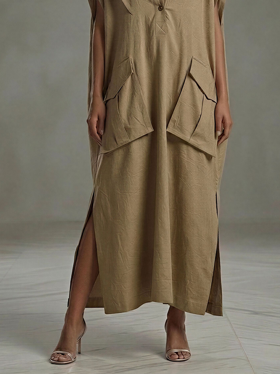Women's Khaki Linen-Blend Shirt Maxi Dress With Utility Pockets & Side Slits, Timeless Casual Summer Dress MDZ2651E3LYL