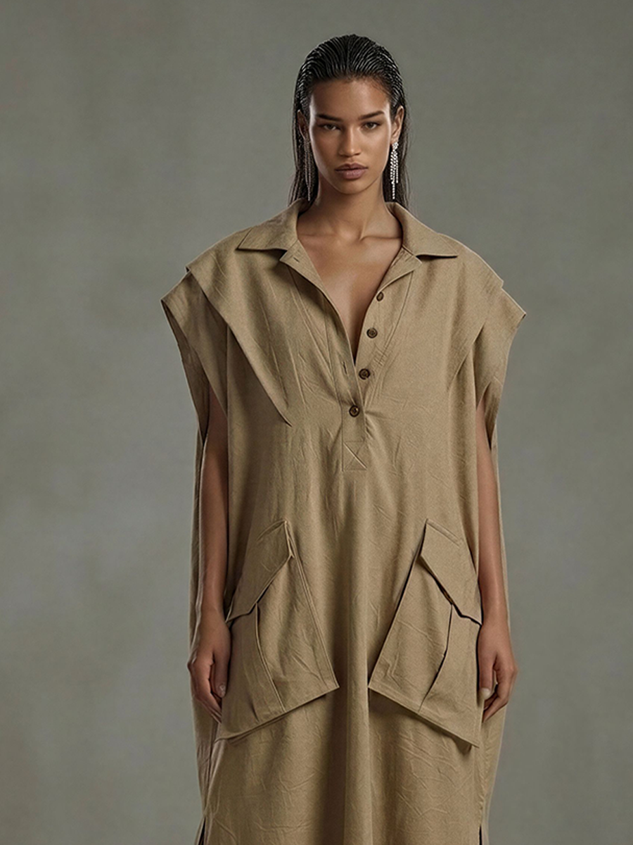 Women's Khaki Linen-Blend Shirt Maxi Dress With Utility Pockets & Side Slits, Timeless Casual Summer Dress MDZ2651E3LYL