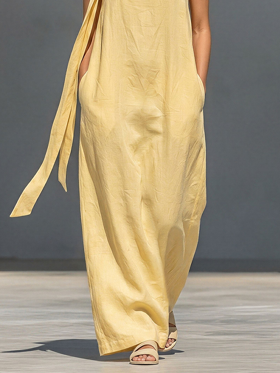 Women's Pale Yellow Linen-Blend Maxi Dress With Asymmetrical Tie Straps & Side Pockets, Timeless Casual Summer Dress MDZ2604E7LYL