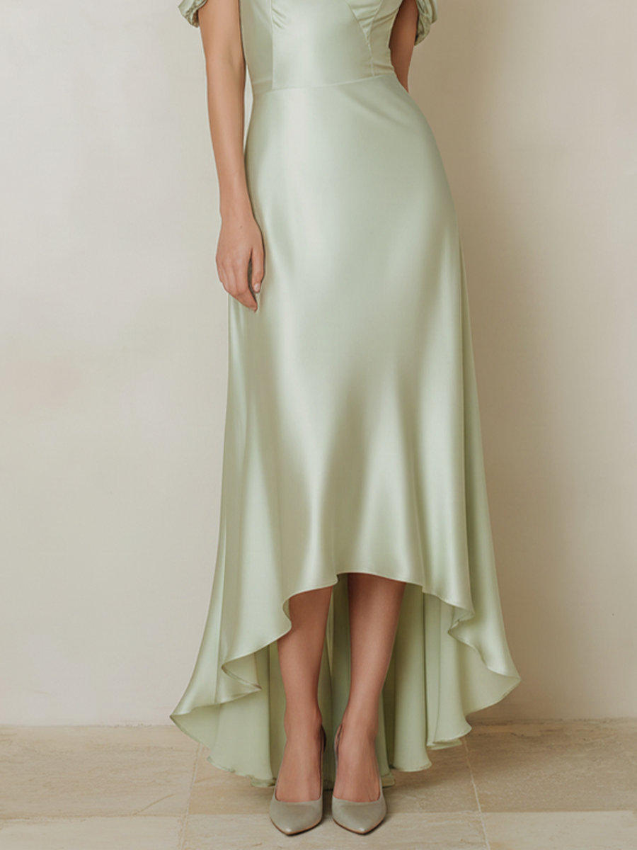 Women's Sage Green Satin Midi Dress With Cold Shoulder & High-Low Hem, Timeless Elegant Bridesmaid Dress MDZ2694E2LYL