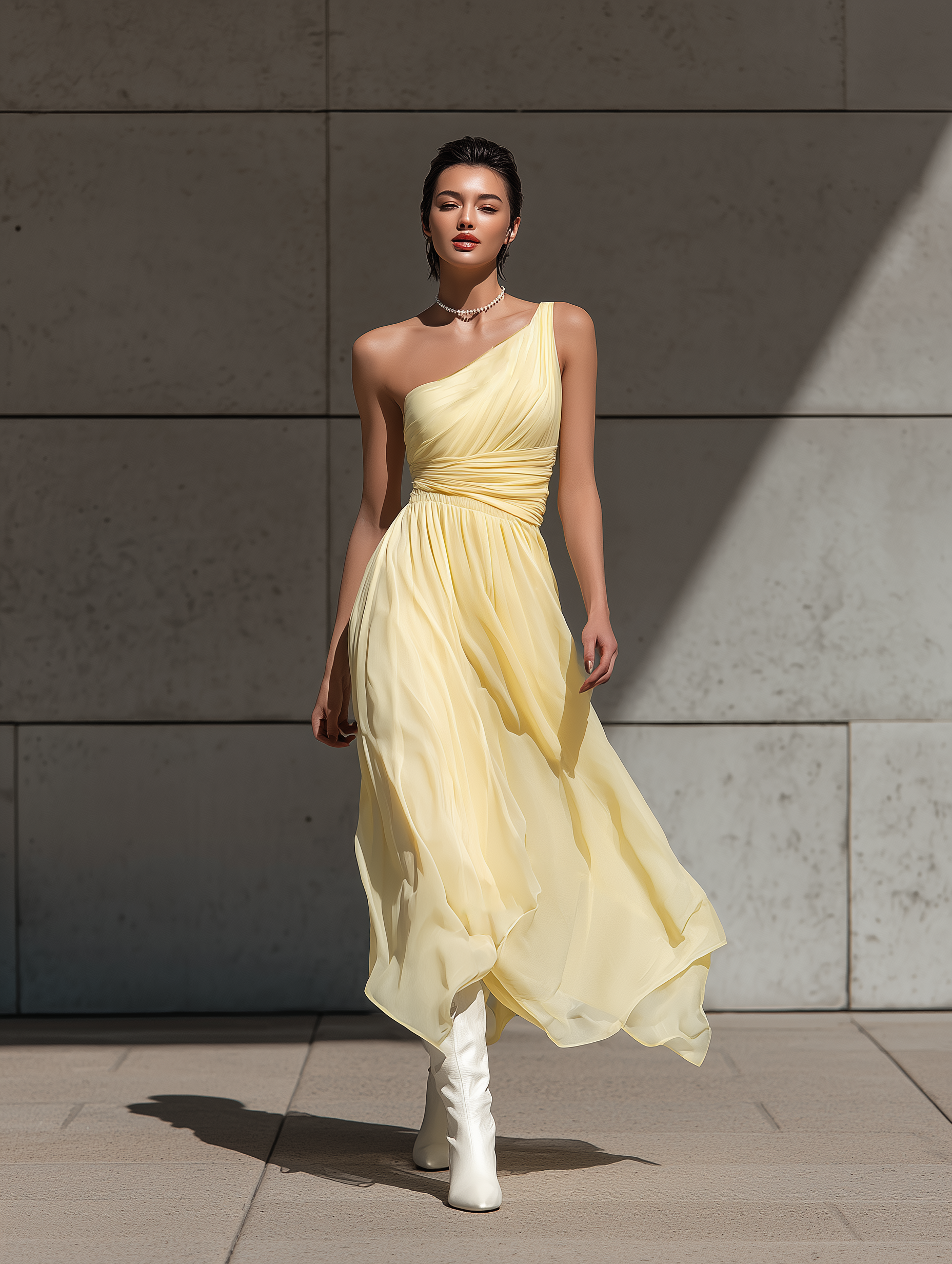 Women’s Pale Yellow One-Shoulder Chiffon Midi Dress With Ruched Bodice & Asymmetrical Hem MDZ2634E0T