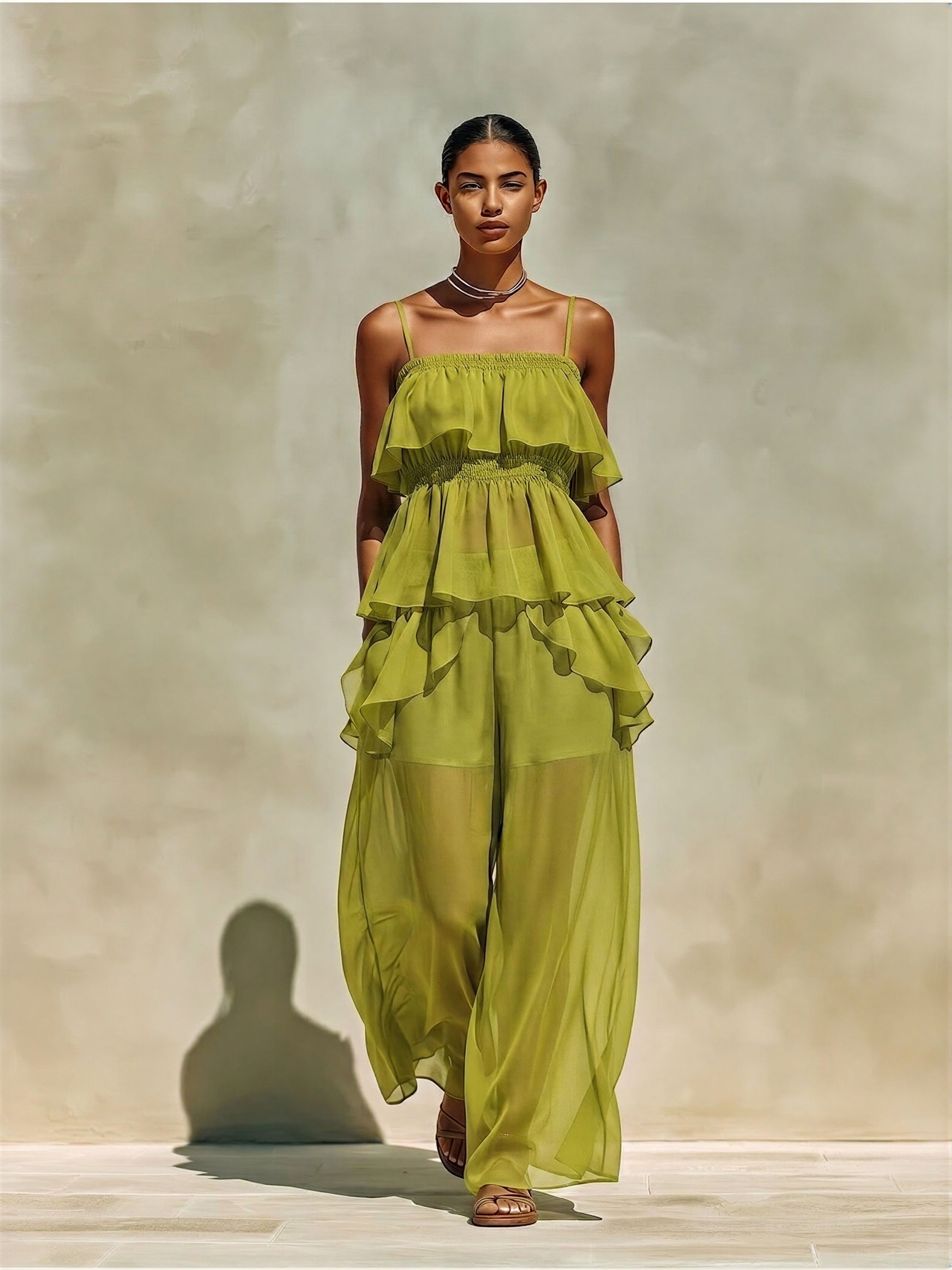 Women’s Lime Green Tiered Ruffle Chiffon Cami Top & Sheer Wide-Leg Pants Two-Piece Set MDZ2635E1T
