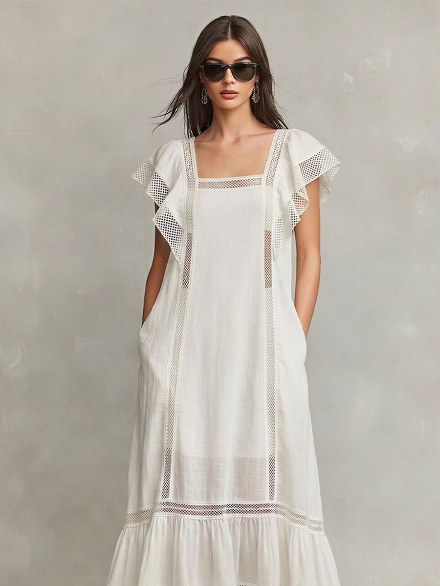 Women's White Cotton-Blend Maxi Dress With Flutter Sleeves & Tiered Ruffle Hem, Timeless Boho Casual Dress MDZ2684E7LYL