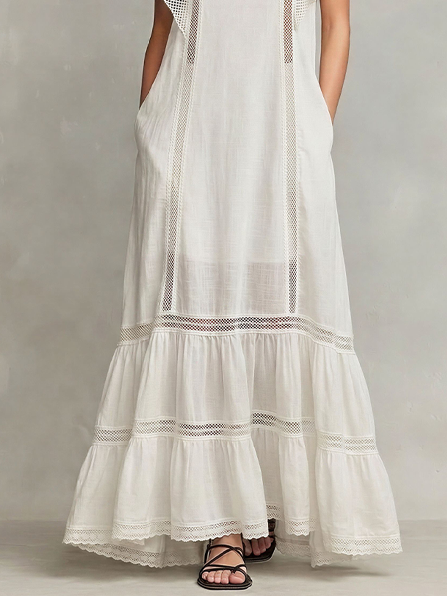 Women's White Cotton-Blend Maxi Dress With Flutter Sleeves & Tiered Ruffle Hem, Timeless Boho Casual Dress MDZ2684E7LYL