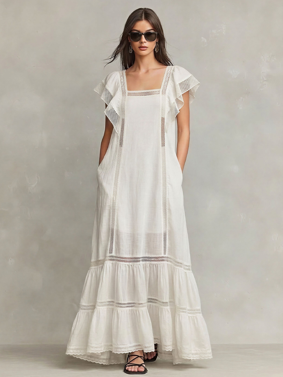 Women's White Cotton-Blend Maxi Dress With Flutter Sleeves & Tiered Ruffle Hem, Timeless Boho Casual Dress MDZ2684E7LYL