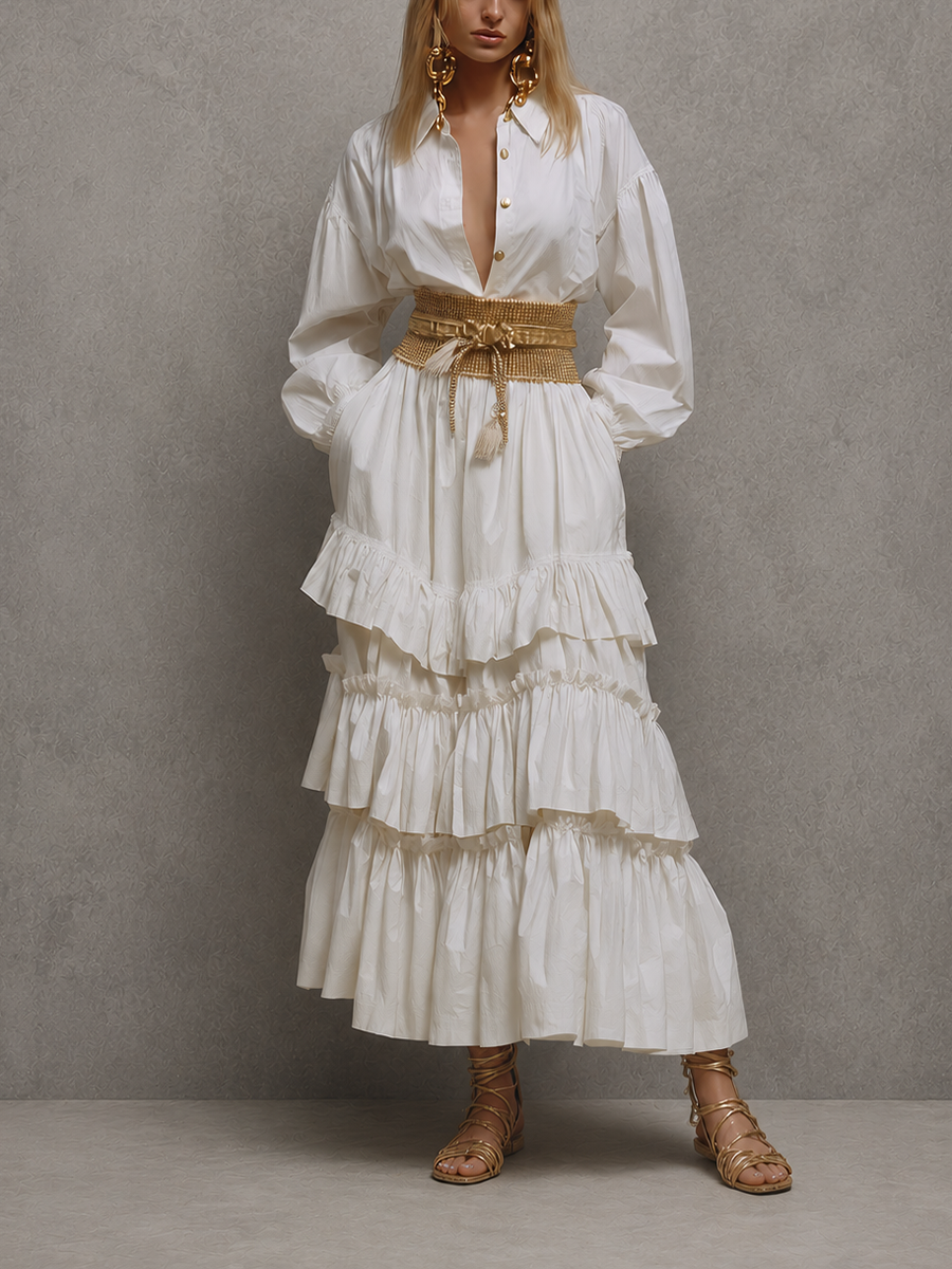 Women's Bohemian-Style Vacation Dress: White Polyester-Blend Long-Sleeve Tiered Maxi Dress With Shirt Collar (Belt Not Included) MDZ2687E8ZJW