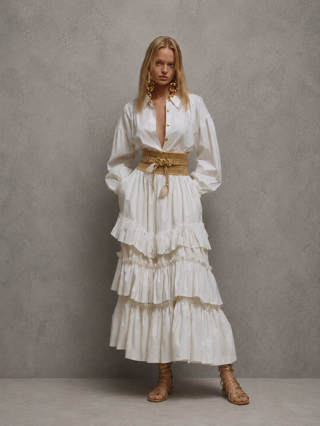 Women's Bohemian-Style Vacation Dress: White Polyester-Blend Long-Sleeve Tiered Maxi Dress With Shirt Collar (Belt Not Included) MDZ2687E8ZJW