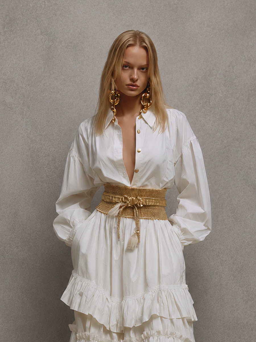Women's Bohemian-Style Vacation Dress: White Polyester-Blend Long-Sleeve Tiered Maxi Dress With Shirt Collar (Belt Not Included) MDZ2687E8ZJW