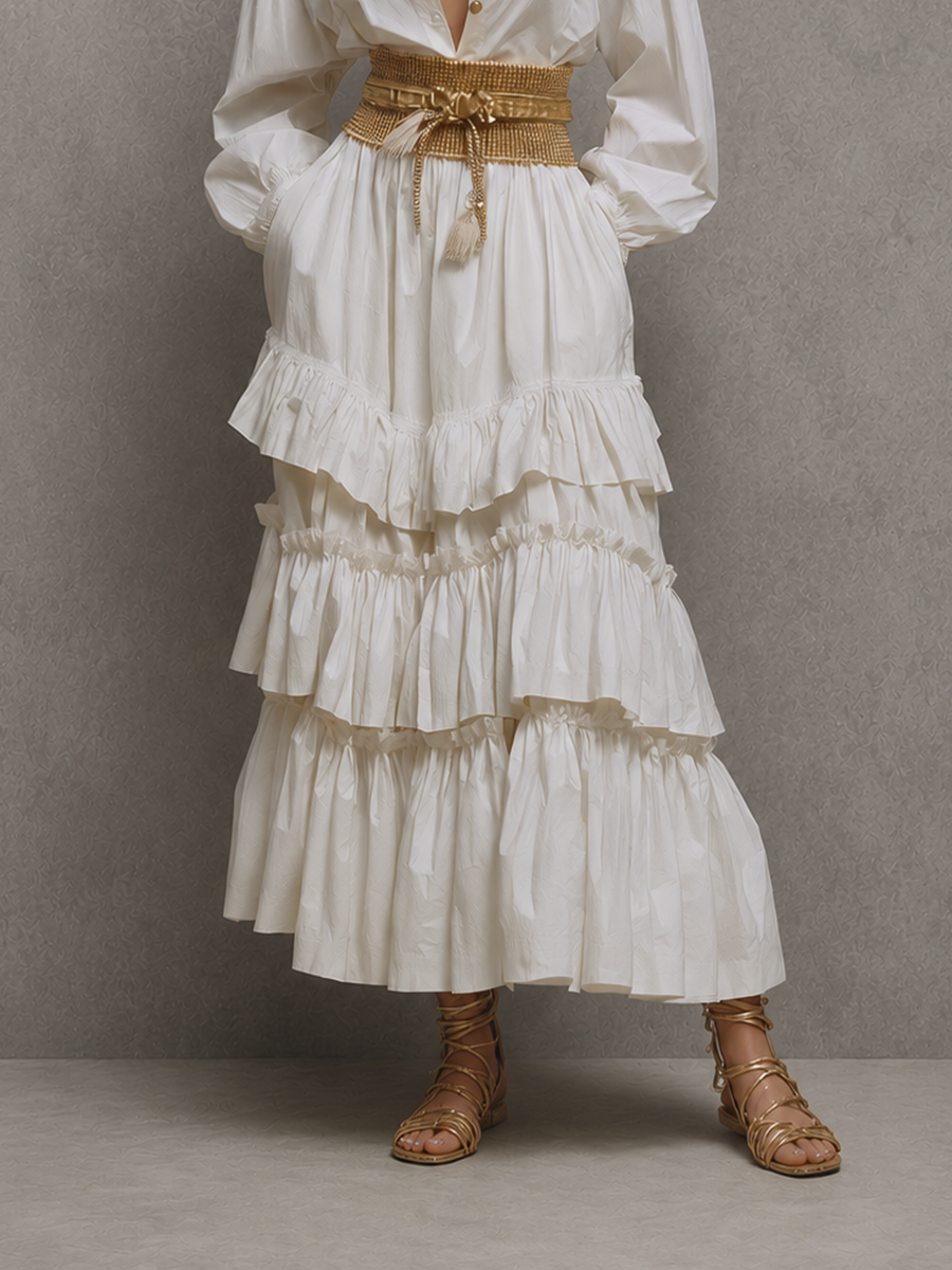 Women's Bohemian-Style Vacation Dress: White Polyester-Blend Long-Sleeve Tiered Maxi Dress With Shirt Collar (Belt Not Included) MDZ2687E8ZJW
