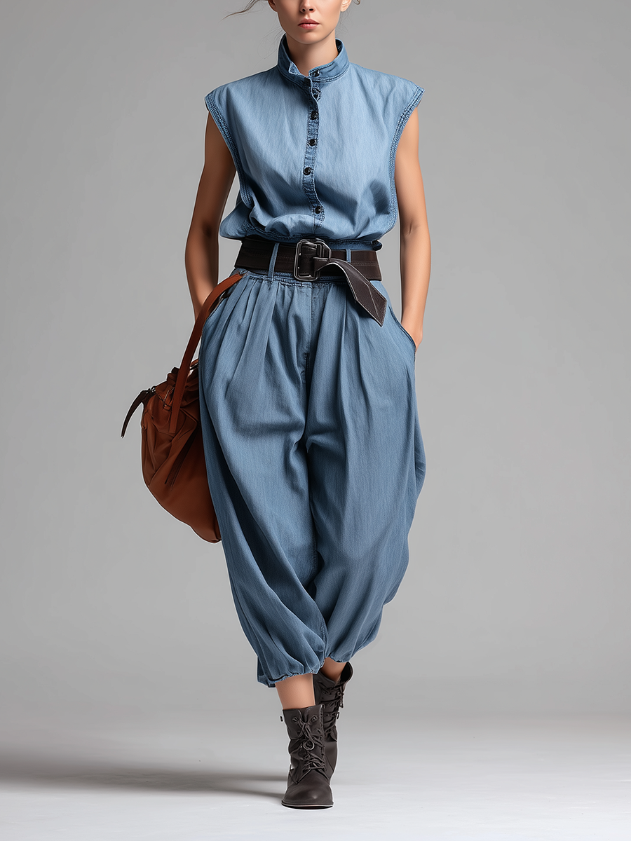 Women's Minimalist Commuter-Style Denim Jumpsuit — Sleeveless, Stand Collar, And Balloon Pants MDZ2612E8ZJW
