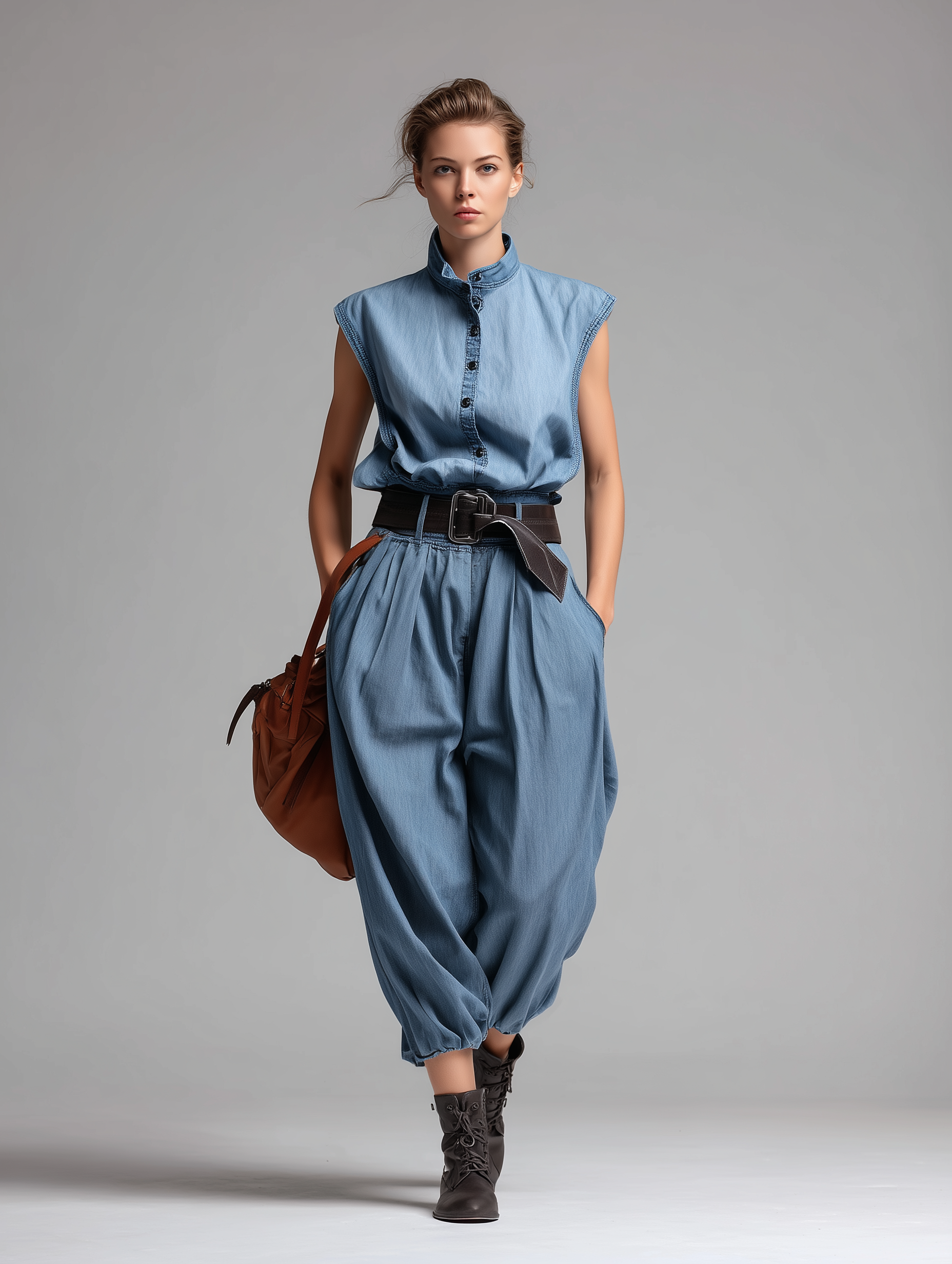 Women's Minimalist Commuter-Style Denim Jumpsuit — Sleeveless, Stand Collar, And Balloon Pants MDZ2612E8ZJW