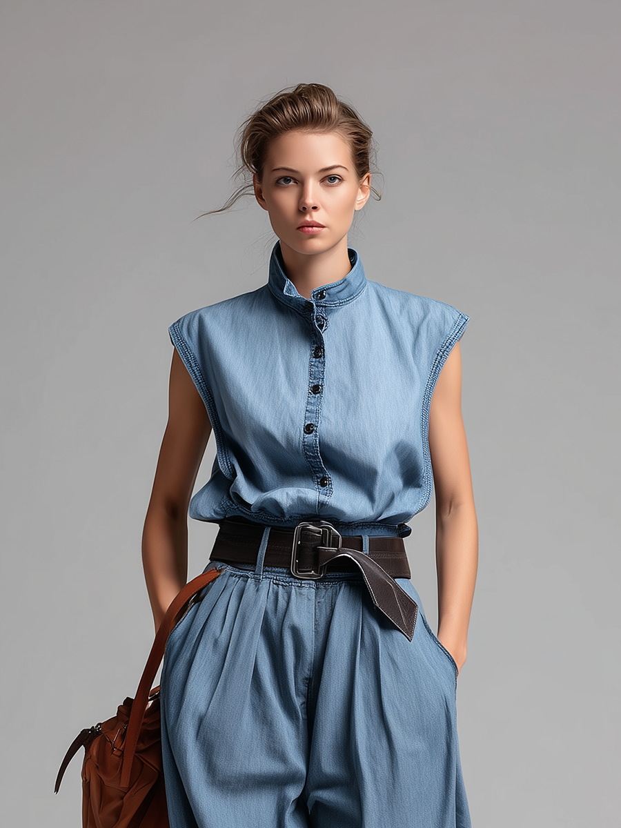 Women's Minimalist Commuter-Style Denim Jumpsuit — Sleeveless, Stand Collar, And Balloon Pants MDZ2612E8ZJW