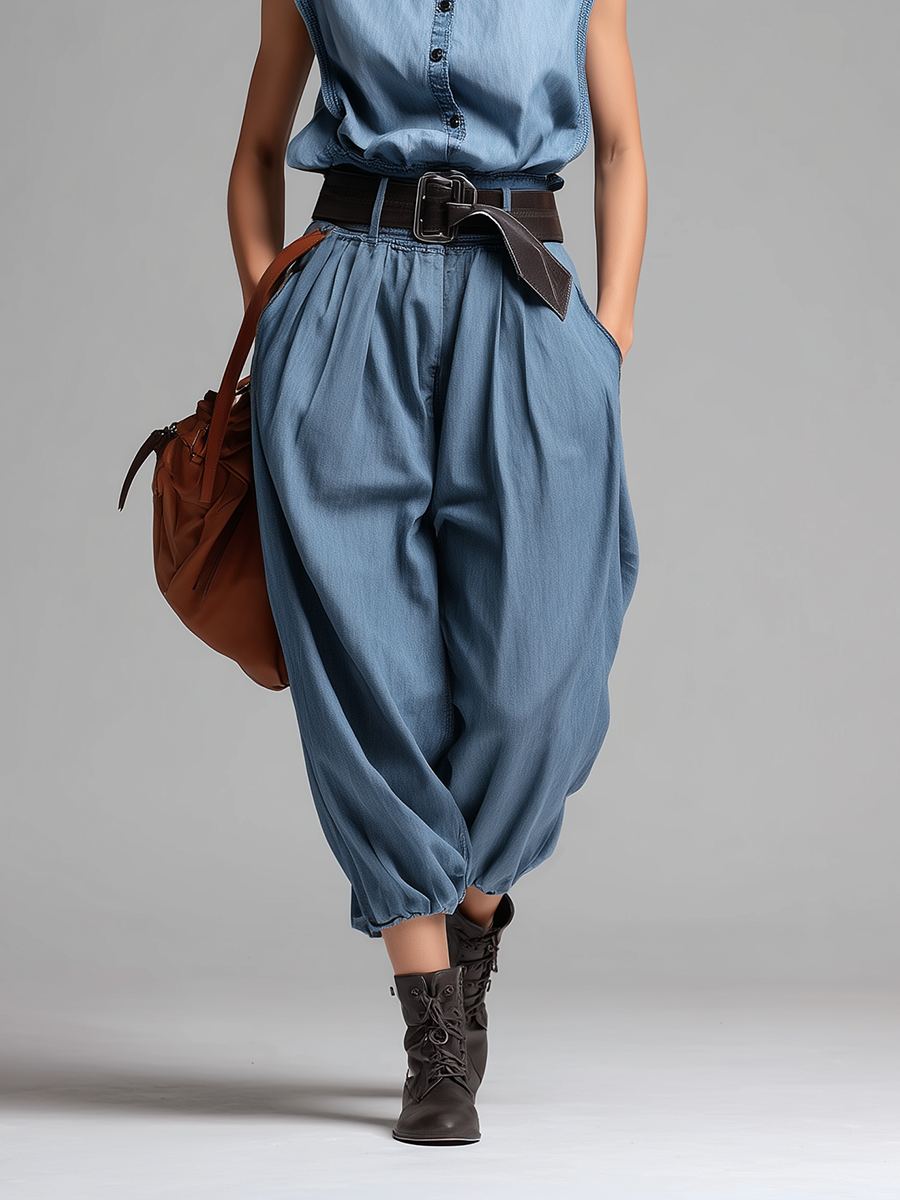 Women's Minimalist Commuter-Style Denim Jumpsuit — Sleeveless, Stand Collar, And Balloon Pants MDZ2612E8ZJW