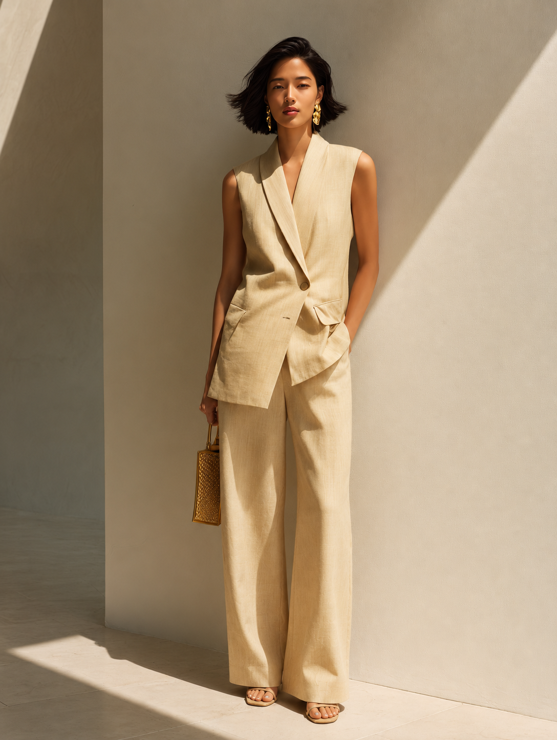 Women's Minimalist Commuter Style Cotton-Linen Set: Light Yellow Sleeveless Single-Breasted Top With Shawl Collar And Straight-Leg Trousers MDZ2663E4ZJW