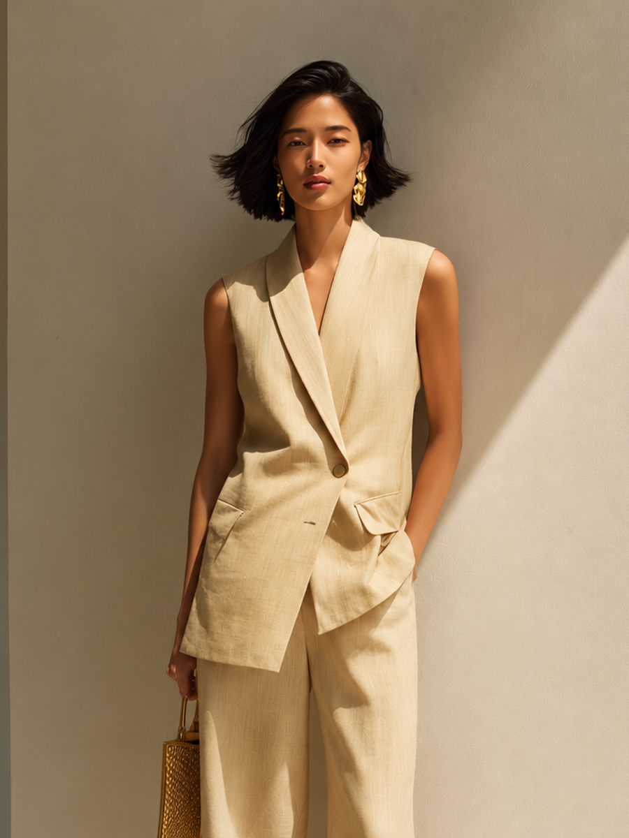 Women's Minimalist Commuter Style Cotton-Linen Set: Light Yellow Sleeveless Single-Breasted Top With Shawl Collar And Straight-Leg Trousers MDZ2663E4ZJW
