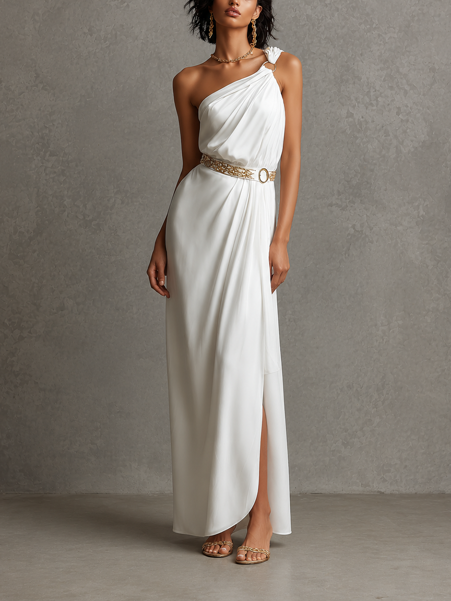 Women's Minimalist Urban "Quiet Luxury" Greek-Style Matte Satin White One-Shoulder Sleeveless Waist-Cinching Maxi Dress MDZ2681E9ZJW
