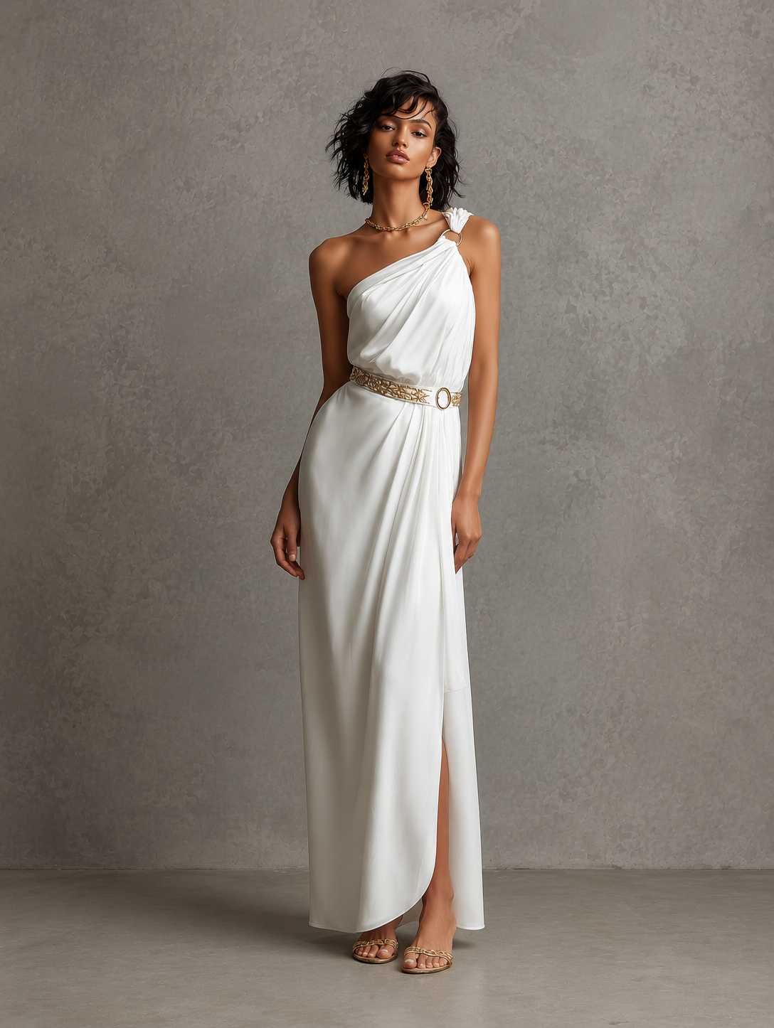 Women's Minimalist Urban "Quiet Luxury" Greek-Style Matte Satin White One-Shoulder Sleeveless Waist-Cinching Maxi Dress MDZ2681E9ZJW